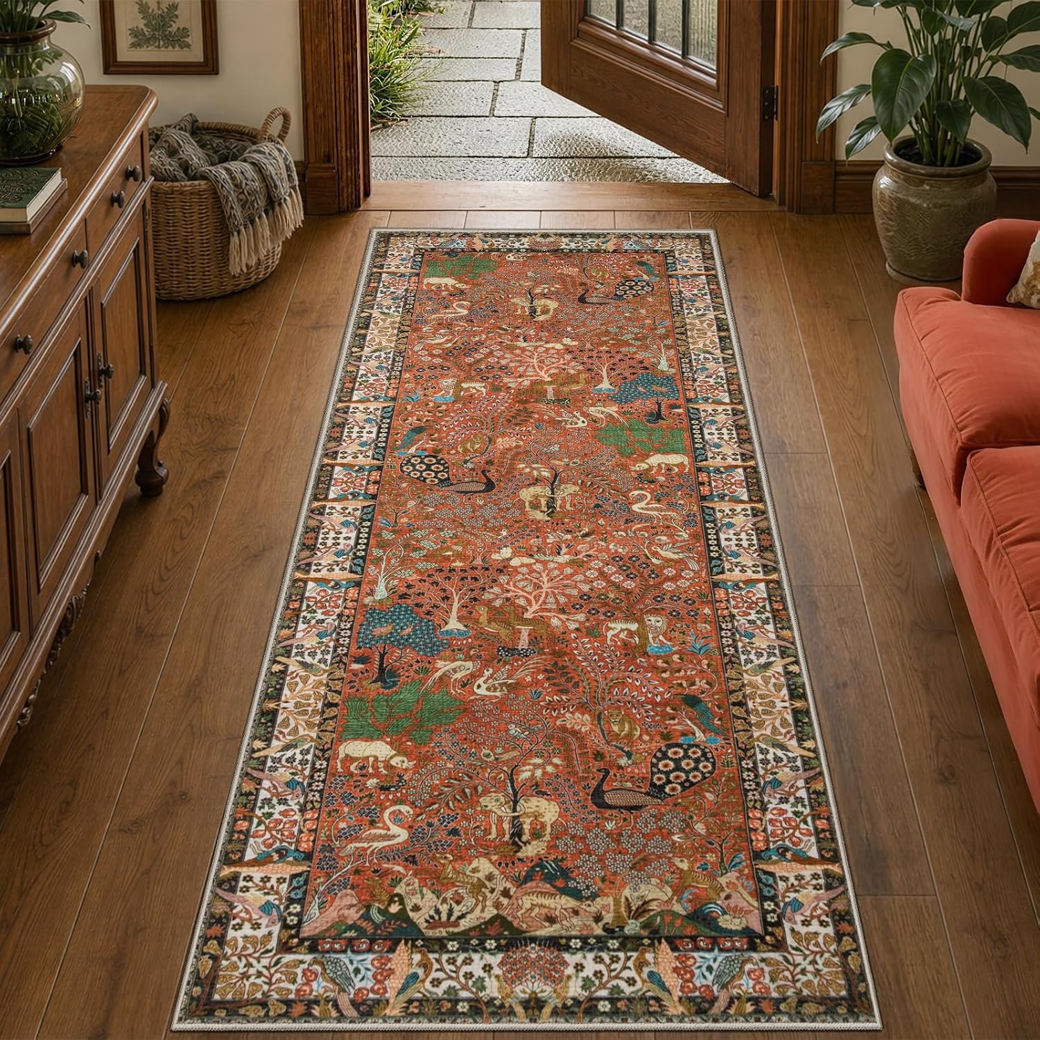 5x7 Vintage Jungle Washable Area Rug - Non-Slip Low-Pile Carpet