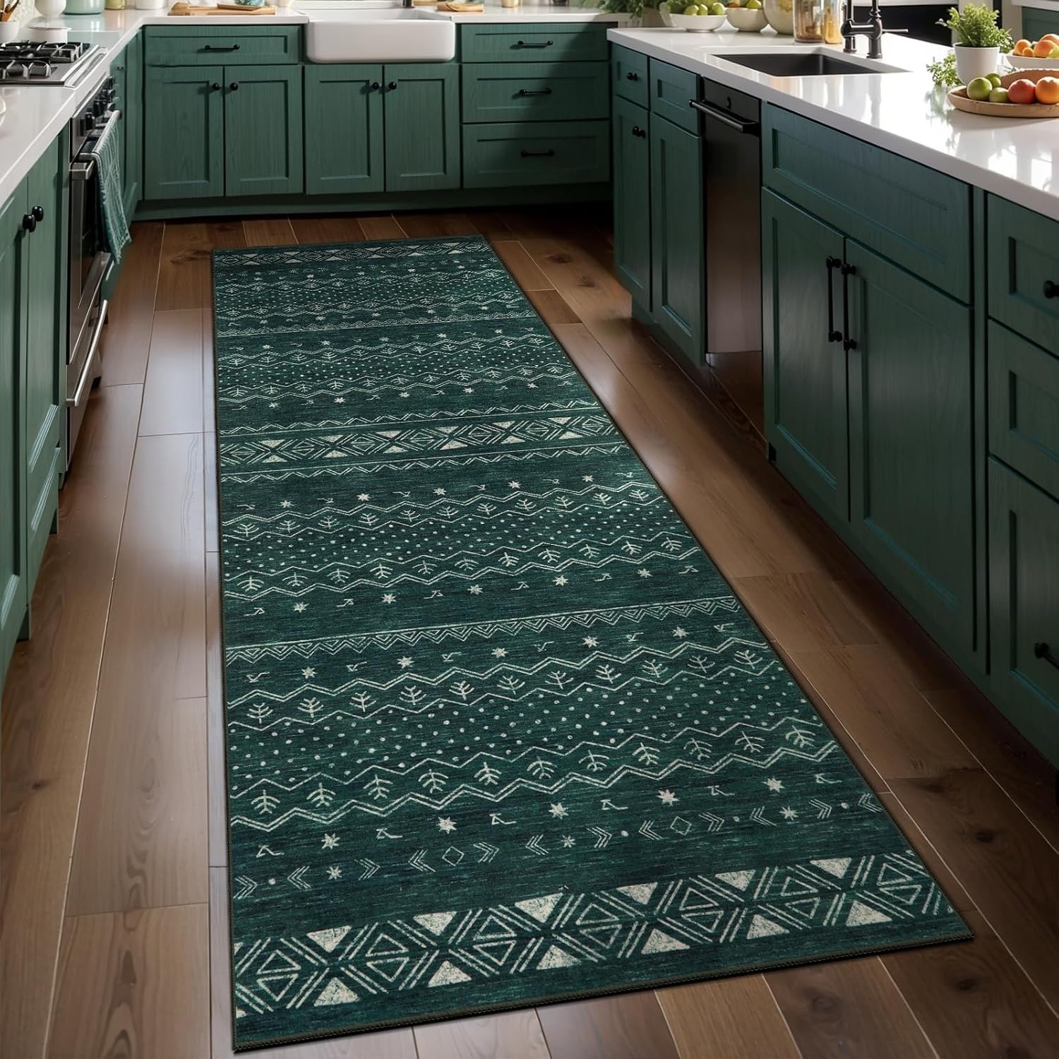 2'6"x8' Dark Green Washable Hallway Runner Rug - Moroccan Boho Long Carpet