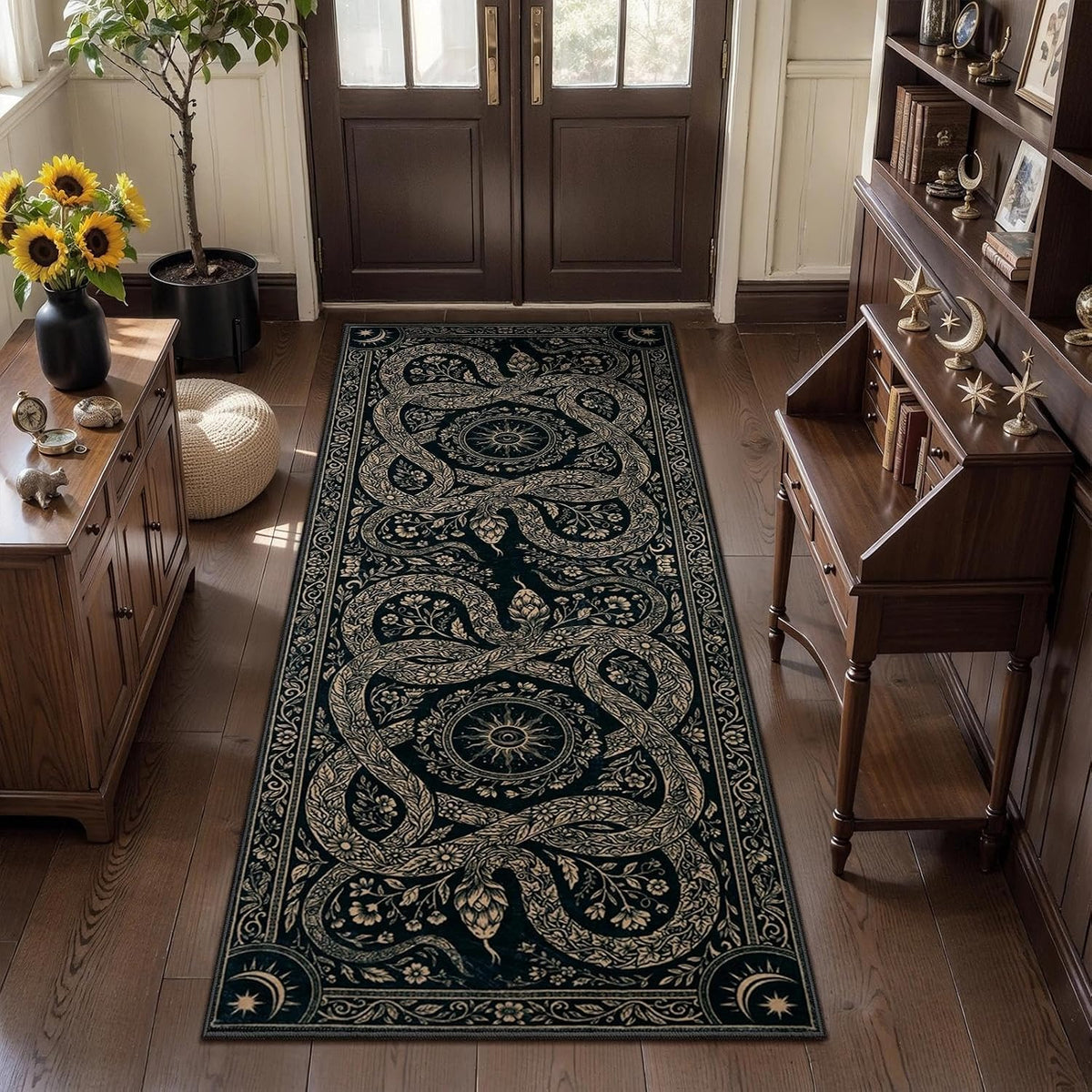 2x3 Black Gothic Snake Floral Washable Small Rug - Non-Slip Entryway Mat