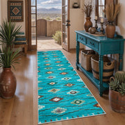 2x6 Teal Washable Kitchen Runner Rug - Southwestern Boho Long Carpet