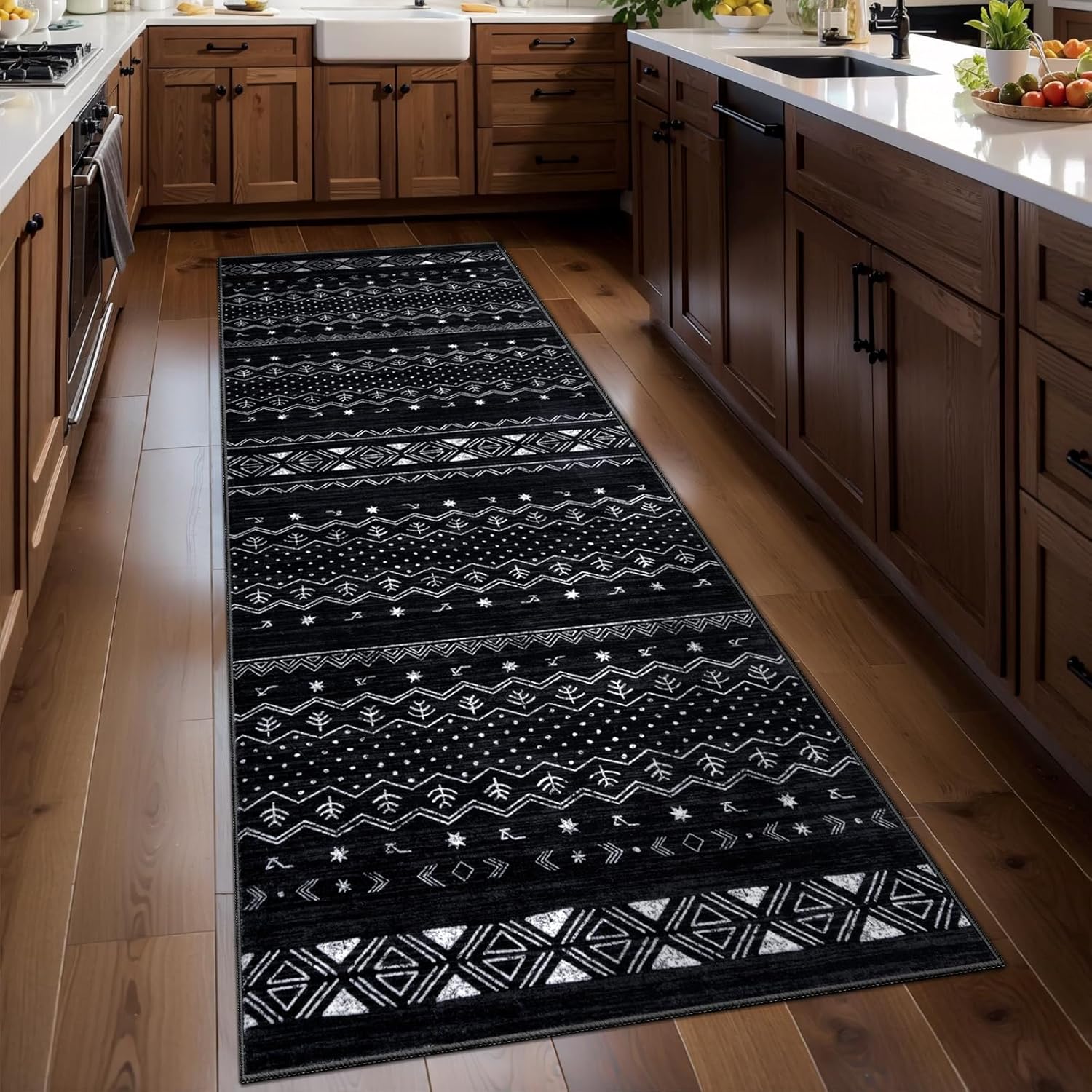 SERISSA Boho Geometric Washable Runner Rug, 2'x10' Non-Slip Long Hallway Carpet for Kitchen, Entryway, Laundry, Bedroom & Bathroom – Soft Low-Pile Black & White Runner
