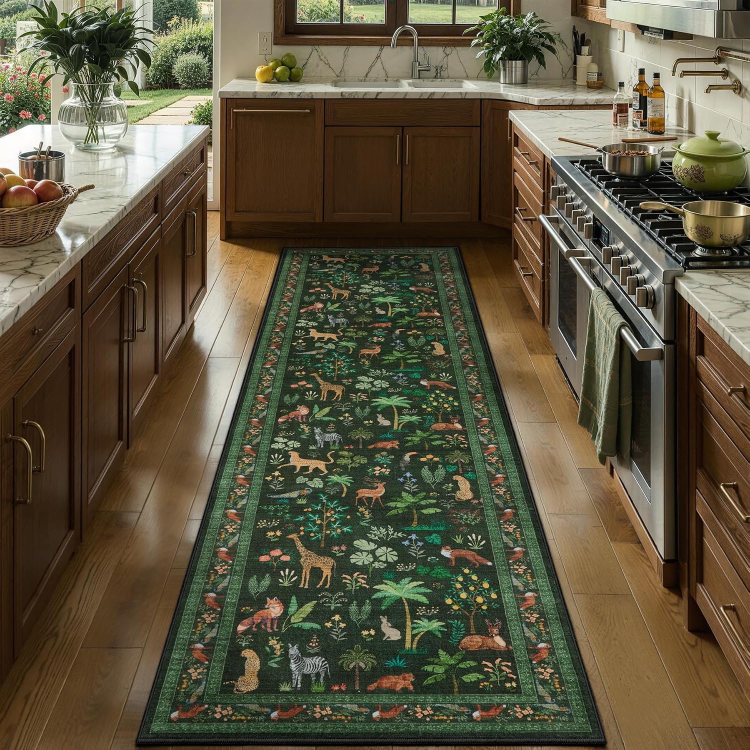 SERISSA Jungle Animal Print Washable Runner Rug, Non-Slip Soft Low-Pile Accent Carpet for Entryway, Hallway, Kitchen, Laundry & Kids Bedroom – Boho Nature Decor