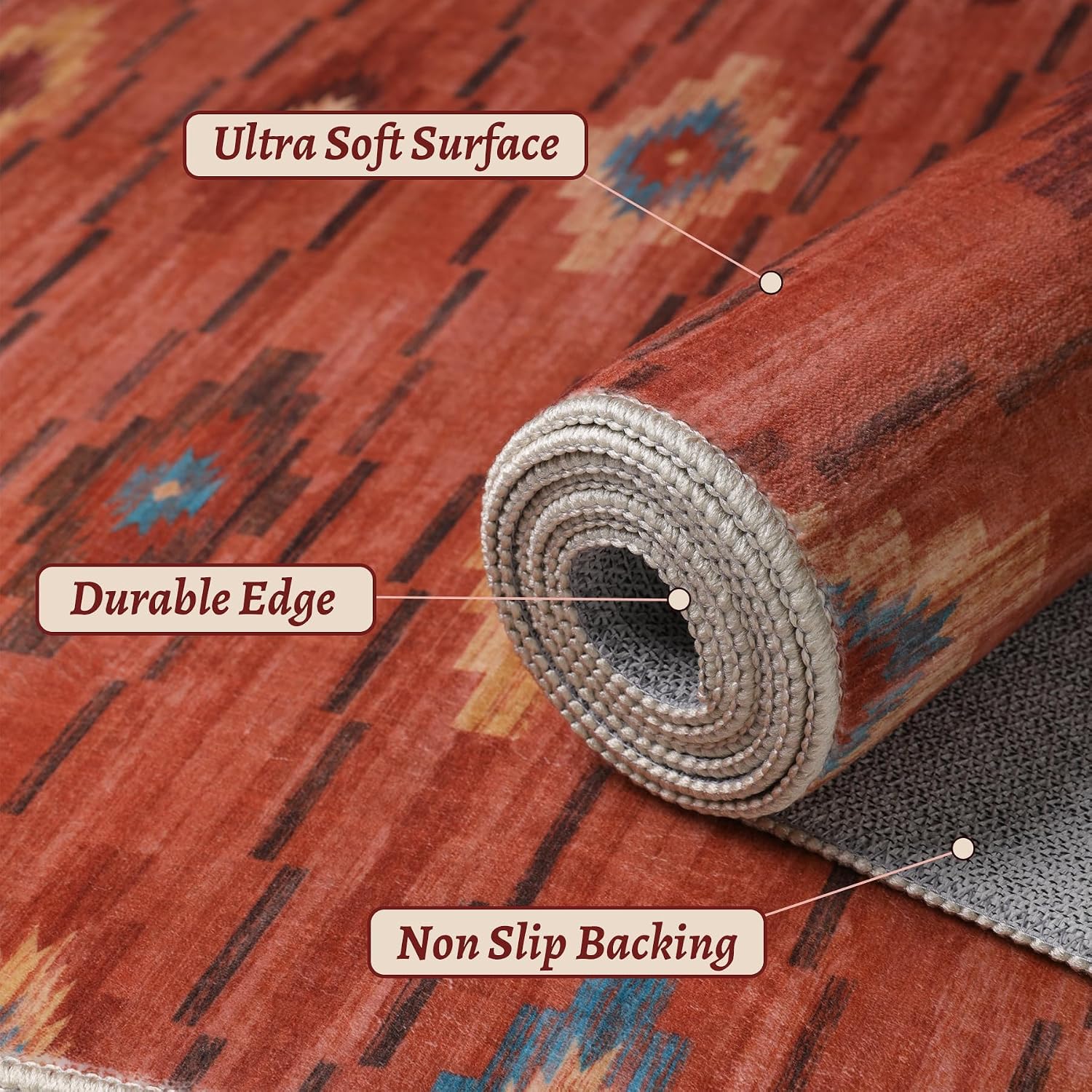 2x3 Terracotta Boho Western Washable Small Rug - Non-Slip Door Mat