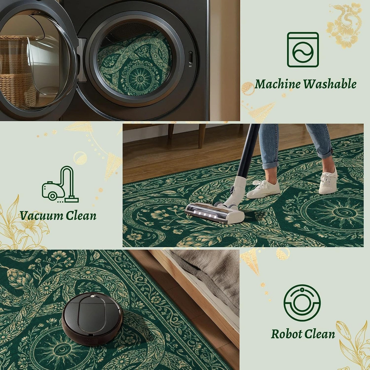 6x9 Green Gothic Floral Snake Washable Area Rug - Non-Slip Large Carpet