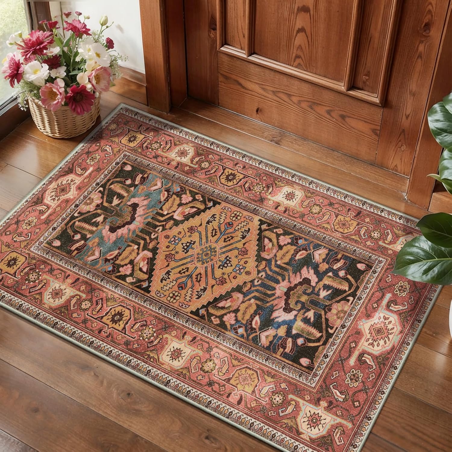 SERISSA Oriental 2x3 Small Washable Entryway Rug(Red Multi+Orange Red)