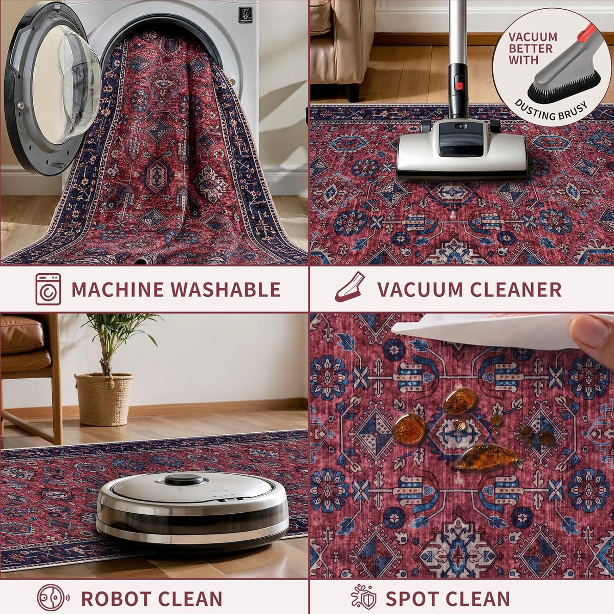 2x3 Rust Red Vintage Boho Washable Small Rug - Non-Slip Entryway Mat