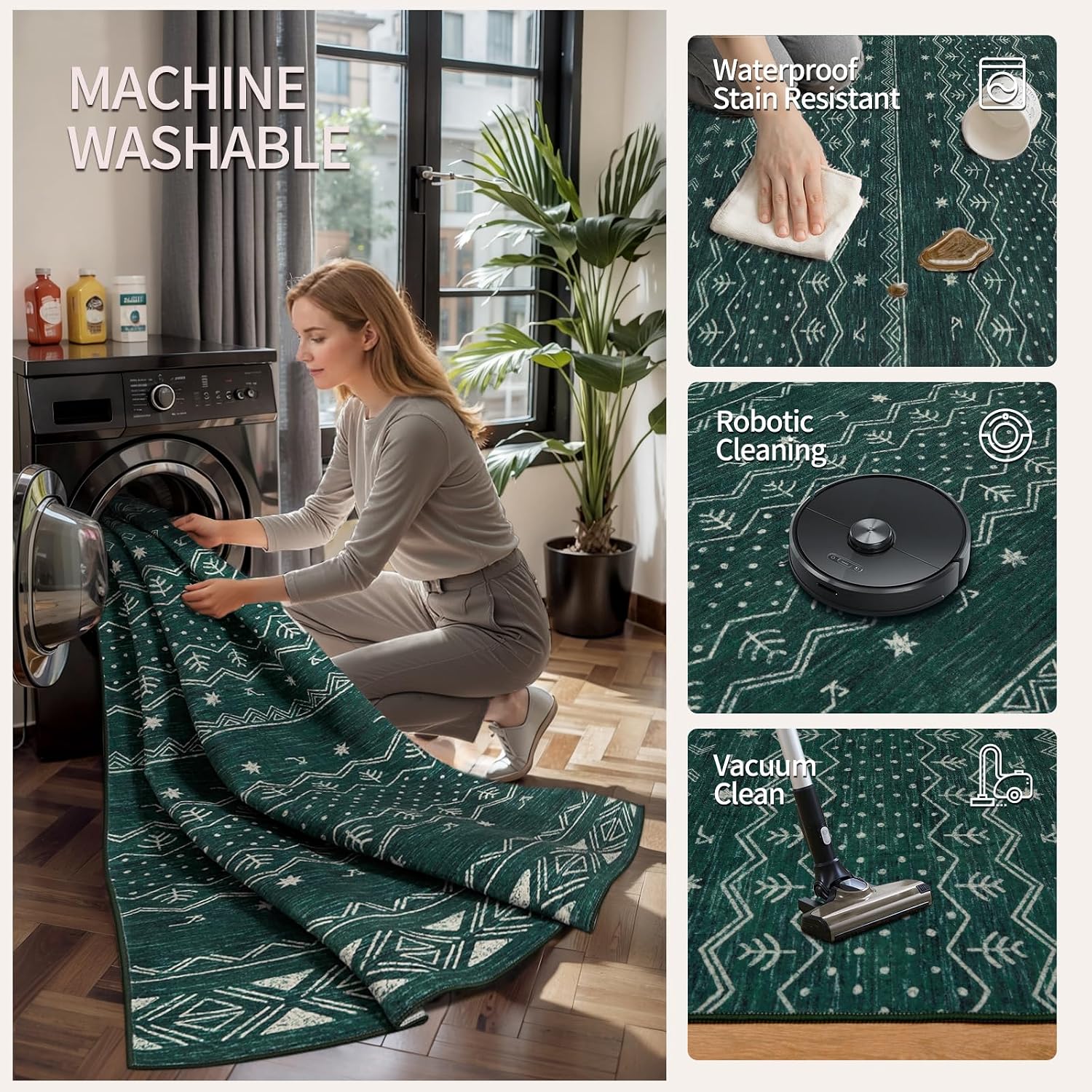 2'6"x8' Dark Green Washable Hallway Runner Rug - Moroccan Boho Long Carpet