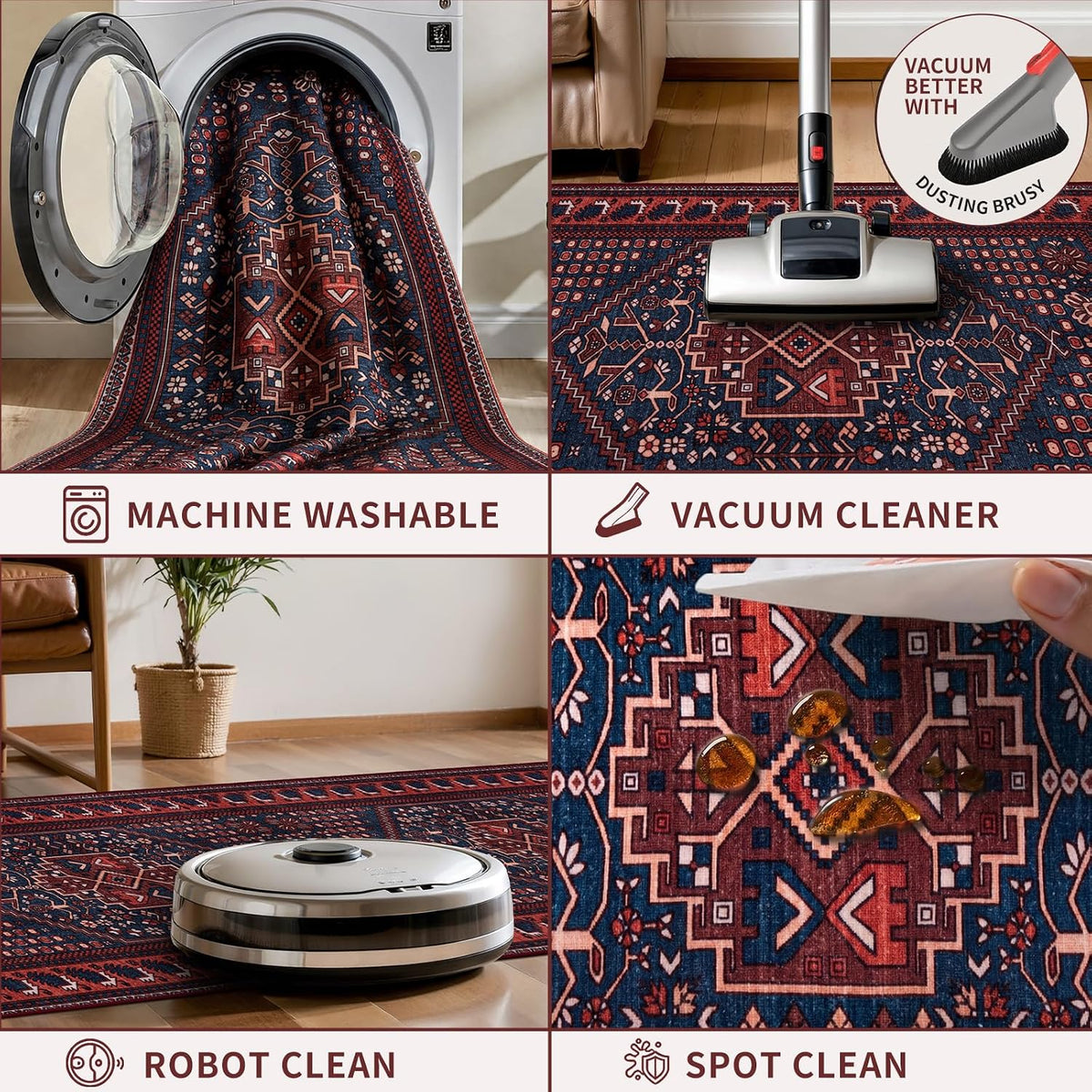2x6 Dark Red Vintage Boho Washable Runner Rug - Non-Slip Hallway Carpet