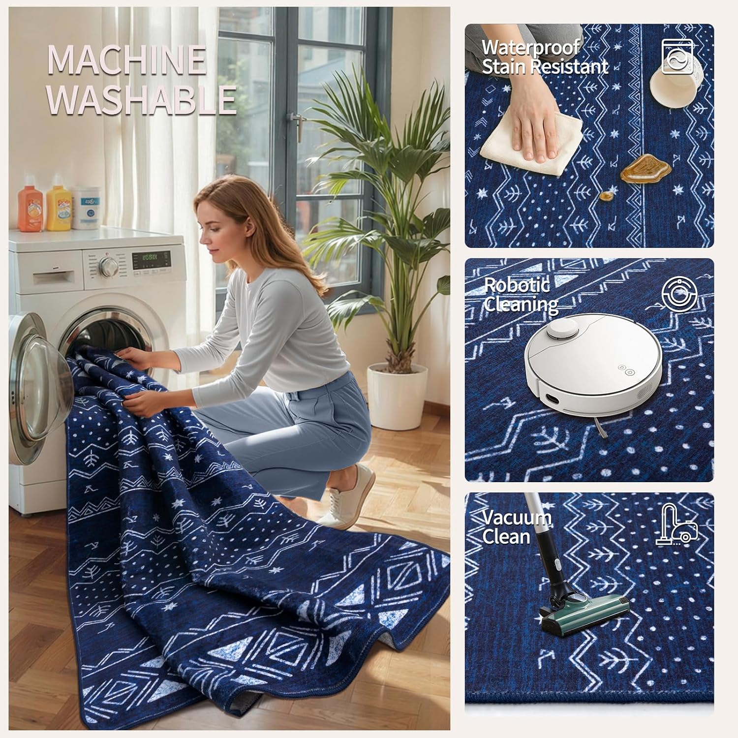 3x5 Blue and White Moroccan Washable Small Rug - Non-Slip Accent Carpet