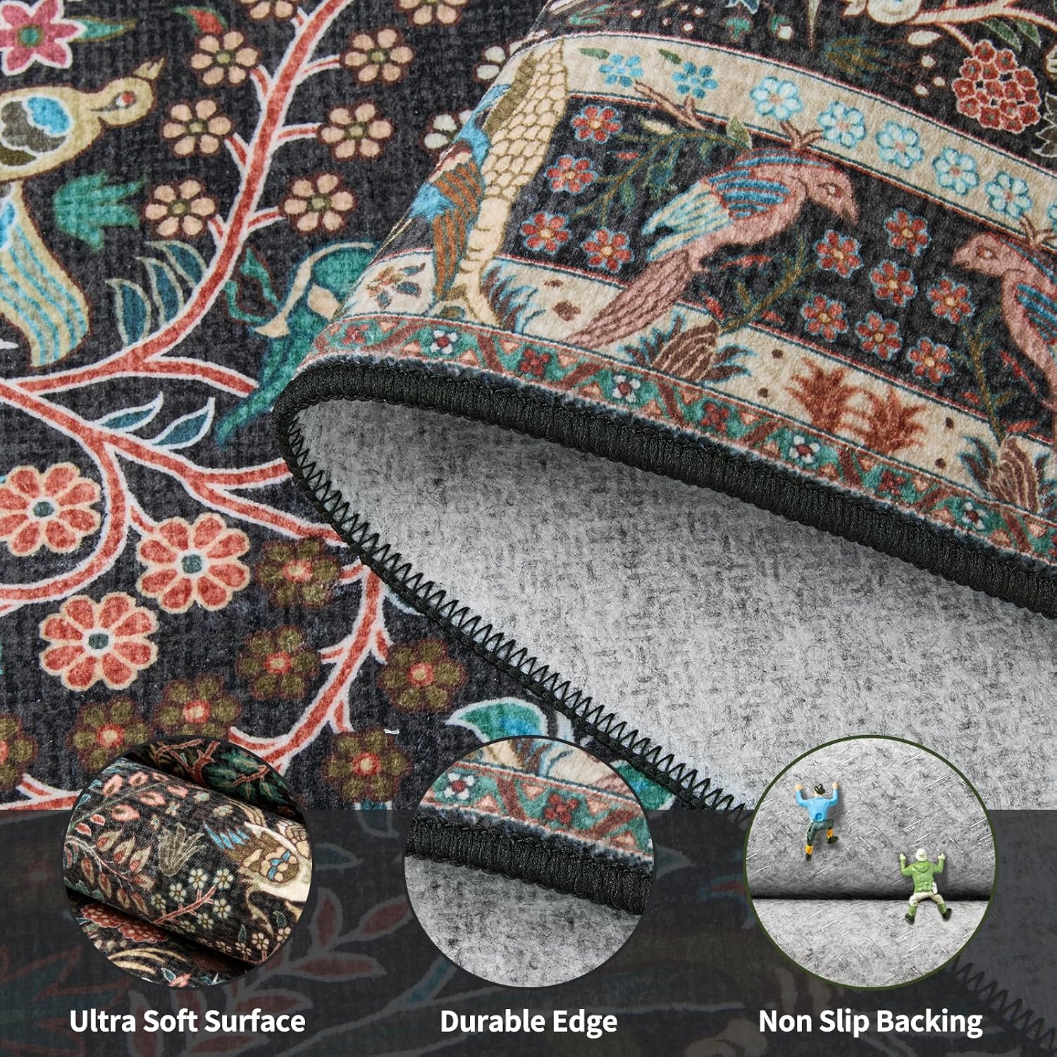 3x5 Washable Boho Area Rug - Jungle Vintage Non-Slip Dorm Carpet