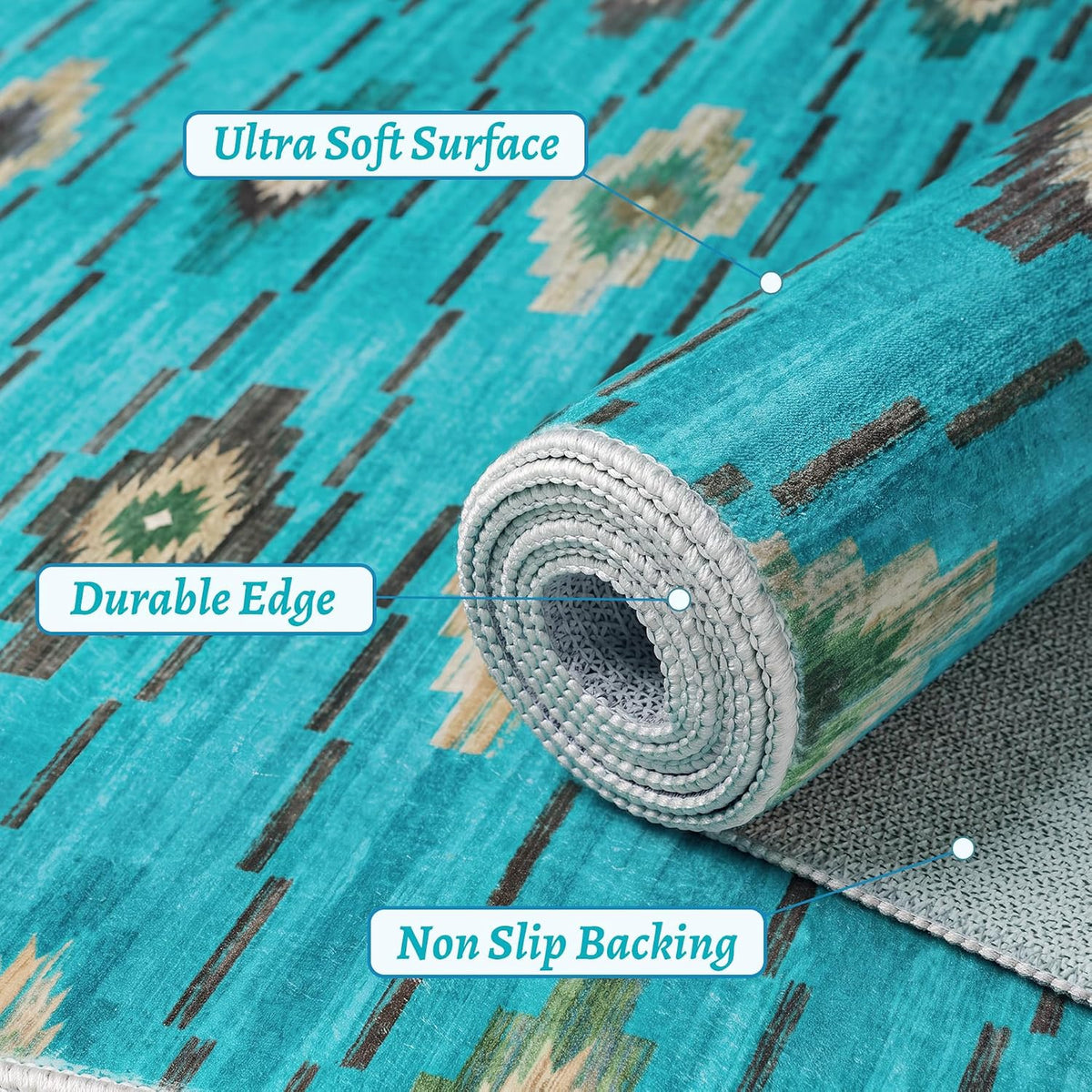 2x6 Teal Washable Kitchen Runner Rug - Southwestern Boho Long Carpet