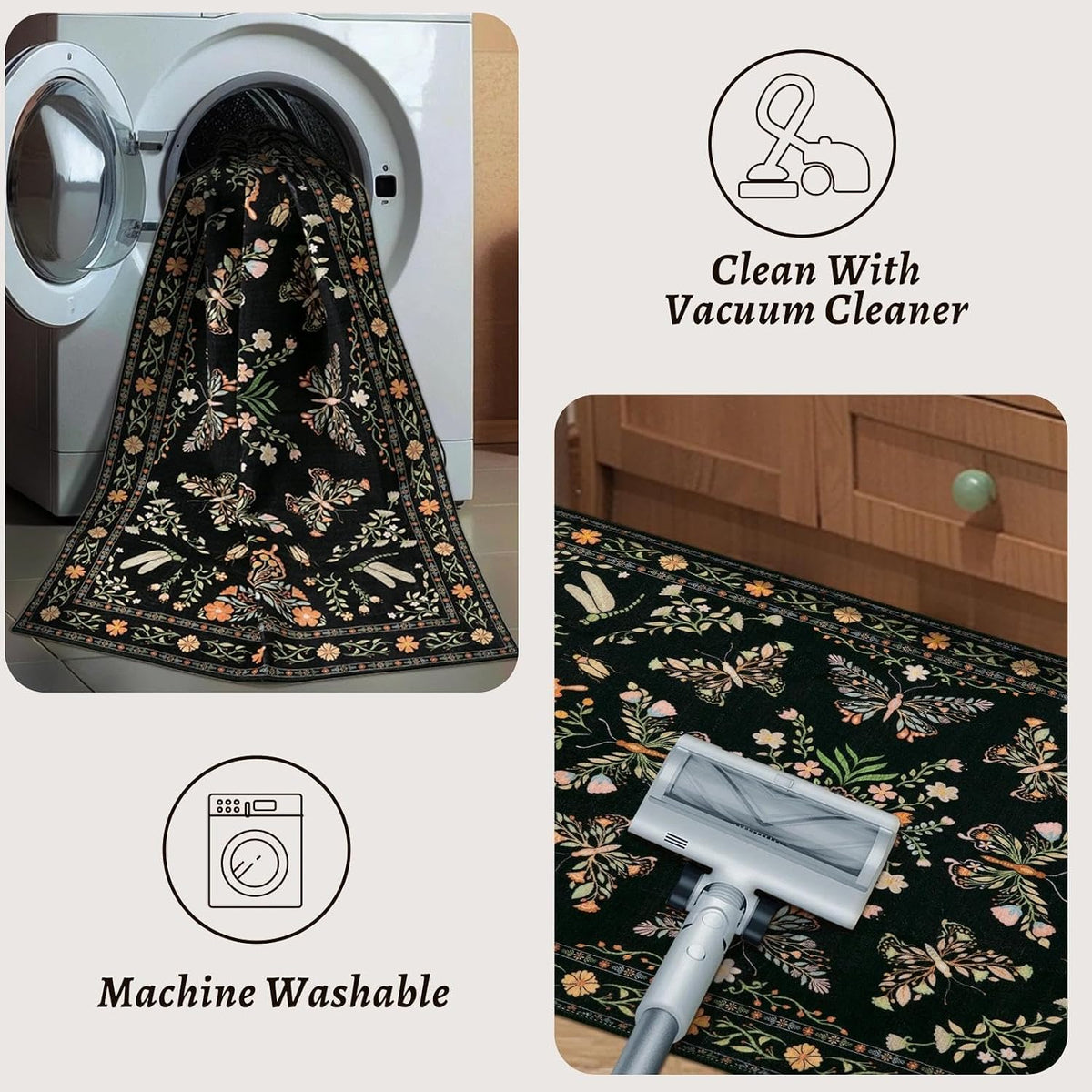 2x6 Black Floral Butterfly Boho Washable Runner Rug - Non-Slip Hallway Carpet