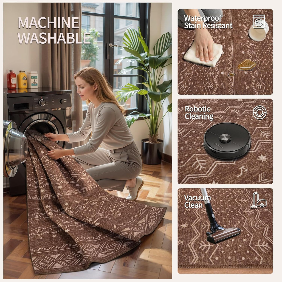 2x3 Coffee Brown Geometric Boho Washable Small Rug - Non-Slip Entryway Mat