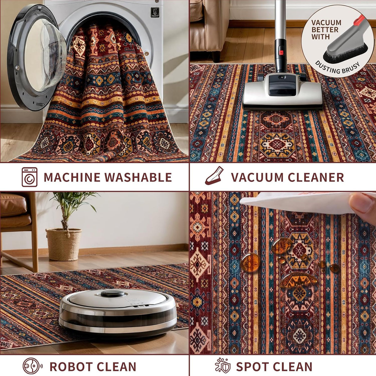 5x7 Red Multi Vintage Boho Washable Area Rug - Non-Slip Large Carpet