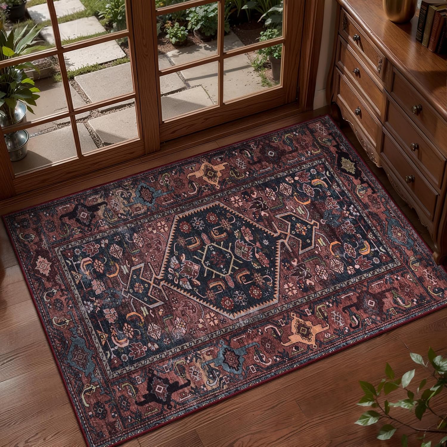 SERISSA Oriental 2x3 Small Washable Entryway Rug(Red Multi+Red Black)
