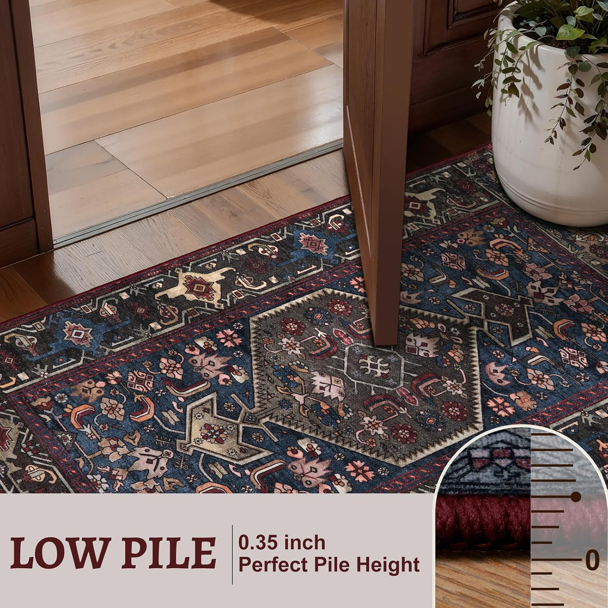 2x6 Blue and Red Vintage Boho Washable Runner Rug - Non-Slip Hallway Carpet