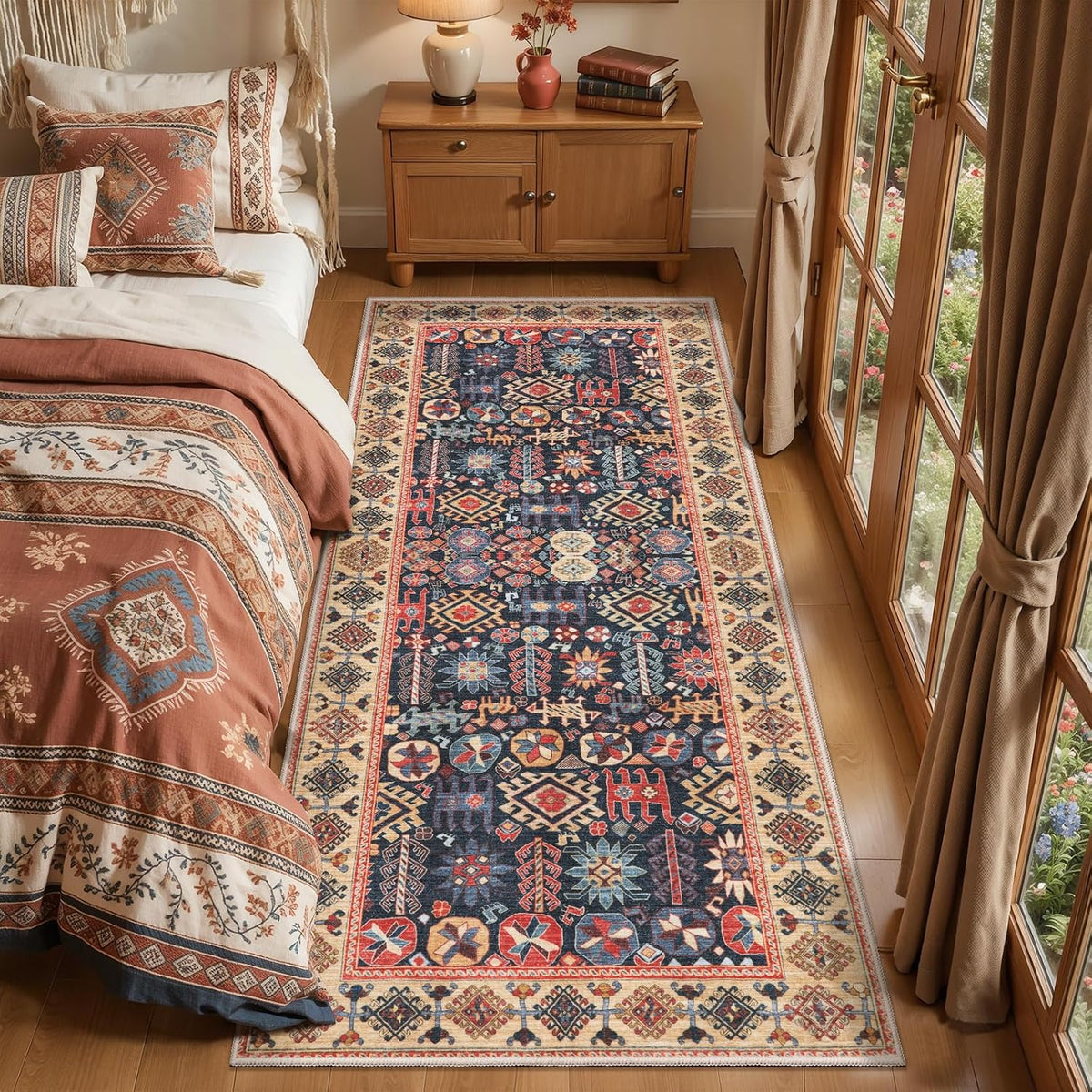 2x6 Blue and Beige Boho Vintage Washable Runner Rug - Non-Slip Hallway Carpet
