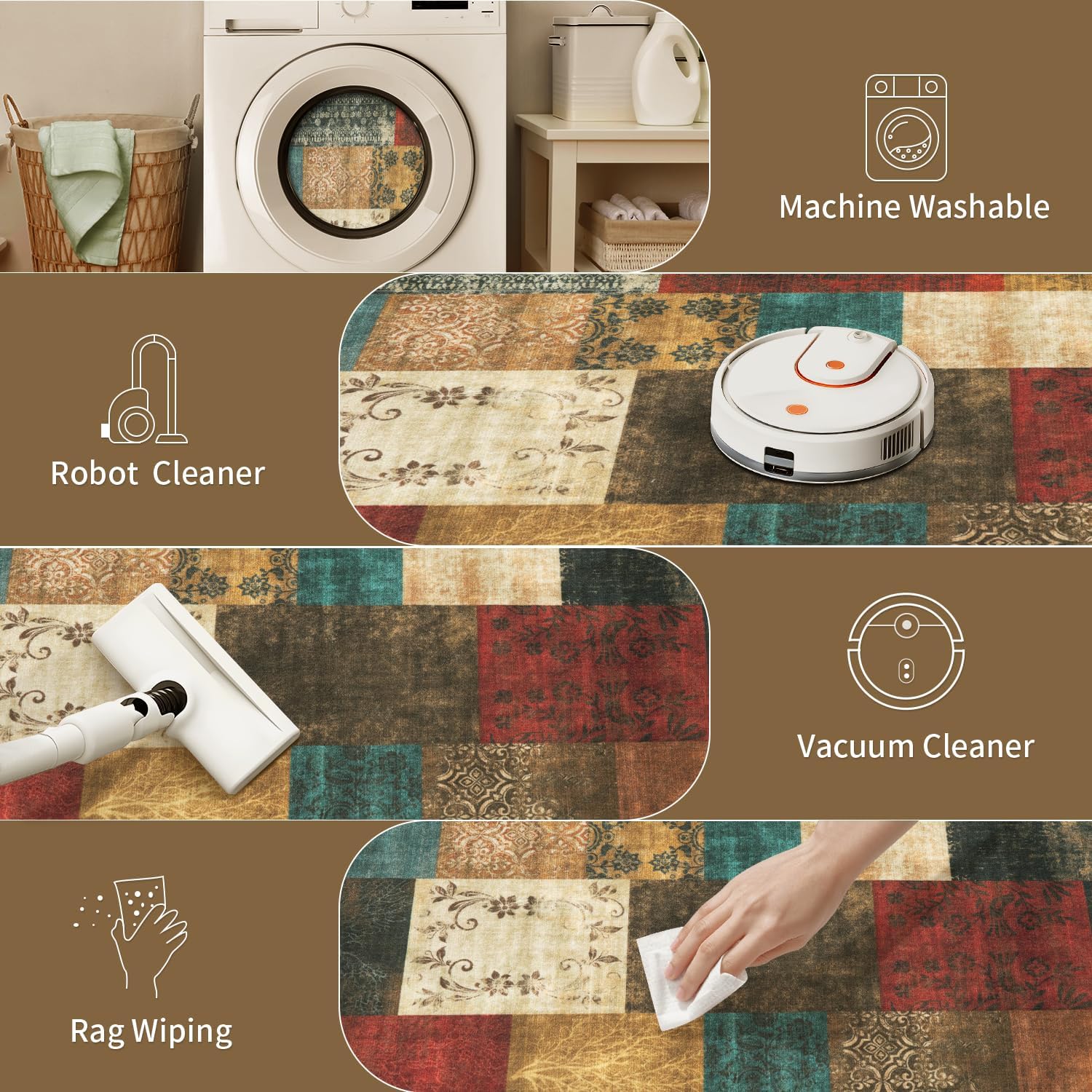 SERISSA Modern Abstract Washable Area Rug, 5'x7' Non-Slip Soft Low-Pile Floor Carpet for Living Room, Dining Room, Bedroom & Office – Geometric Red & Brown Decor