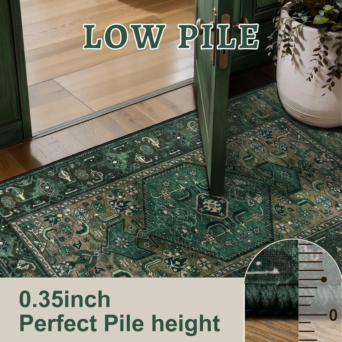 2x5 Dark Green Vintage Boho Washable Runner Rug - Non-Slip Hallway Carpet