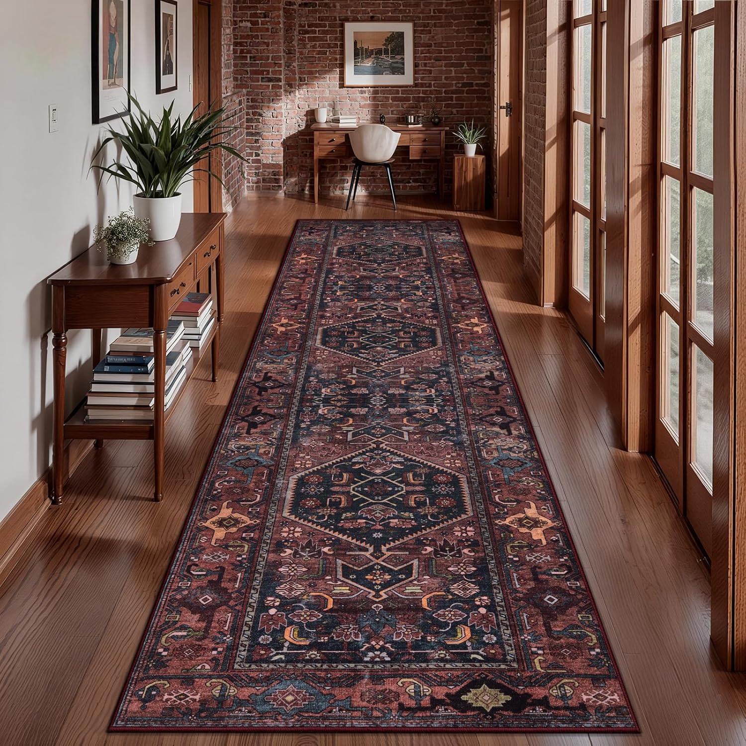 SERISSA Vintage 2.6x10 Washable Hallway Runner Rug Non Slip(Red Multi+Black Red)