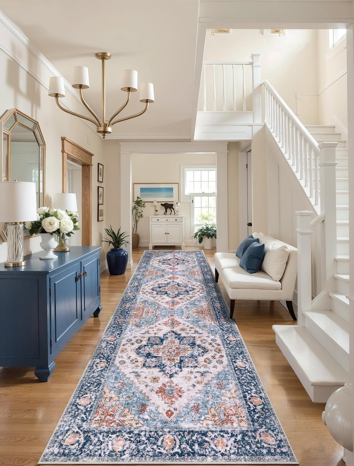 3x4 Blue and Orange Boho Washable Area Rug - Non-Slip Accent Carpet