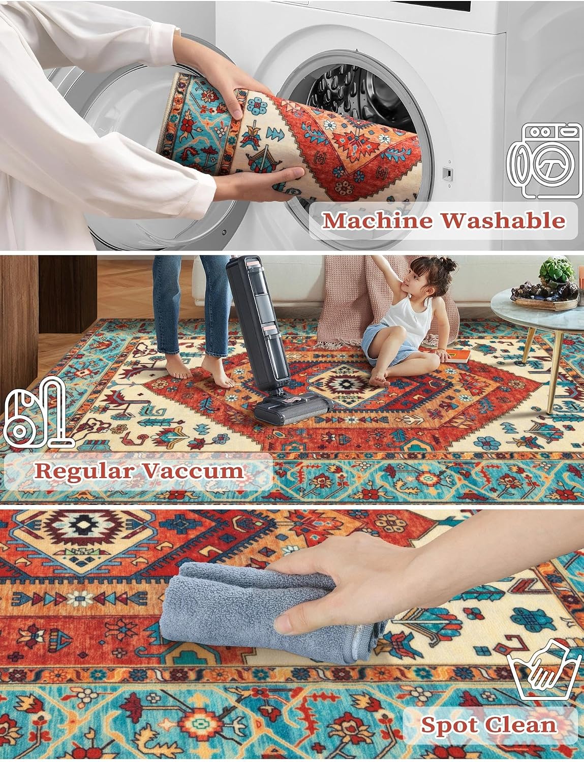 3x12 Orange Vintage Boho Washable Runner Rug - Non-Slip Hallway Carpet