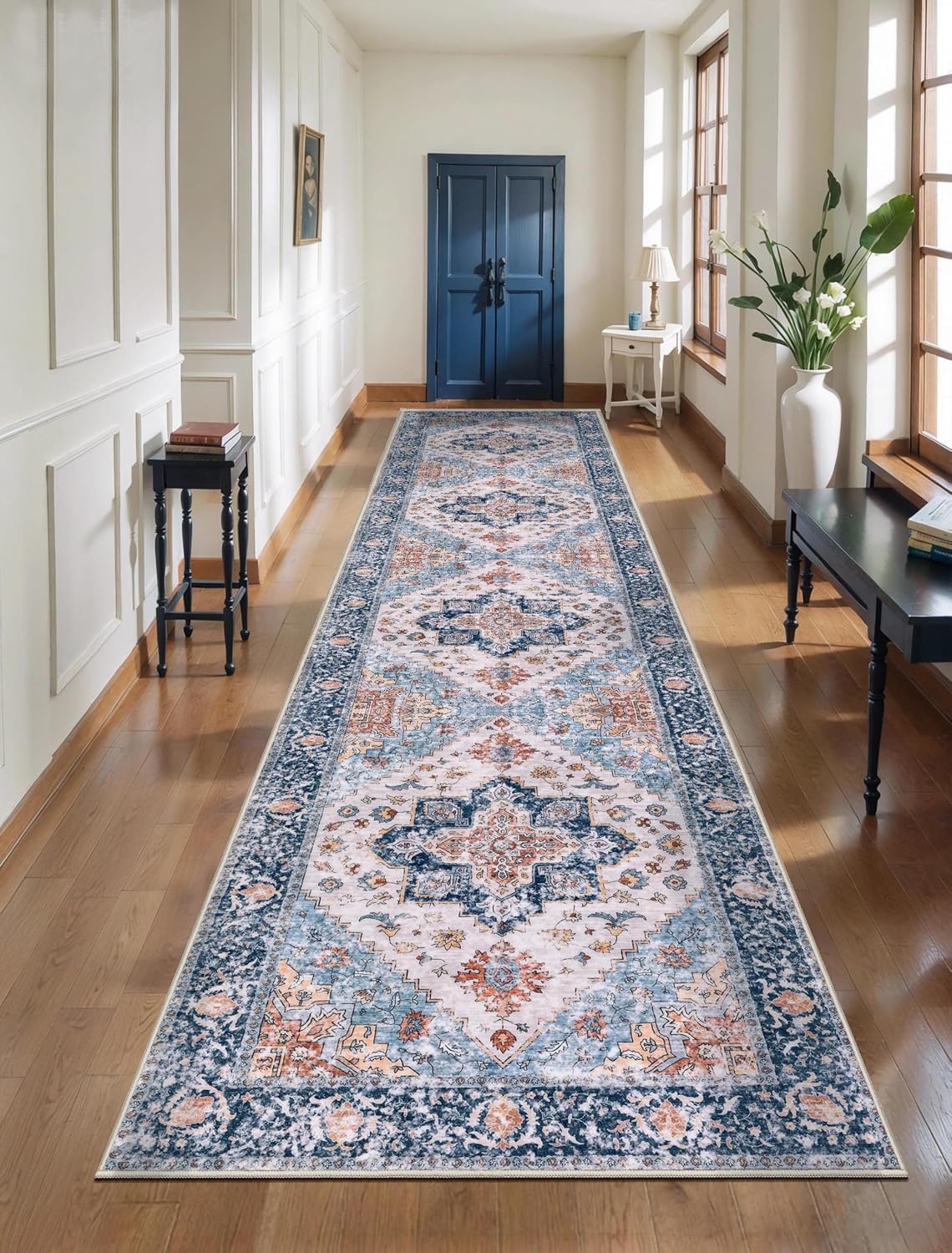 3x4 Blue and Orange Boho Washable Area Rug - Non-Slip Accent Carpet