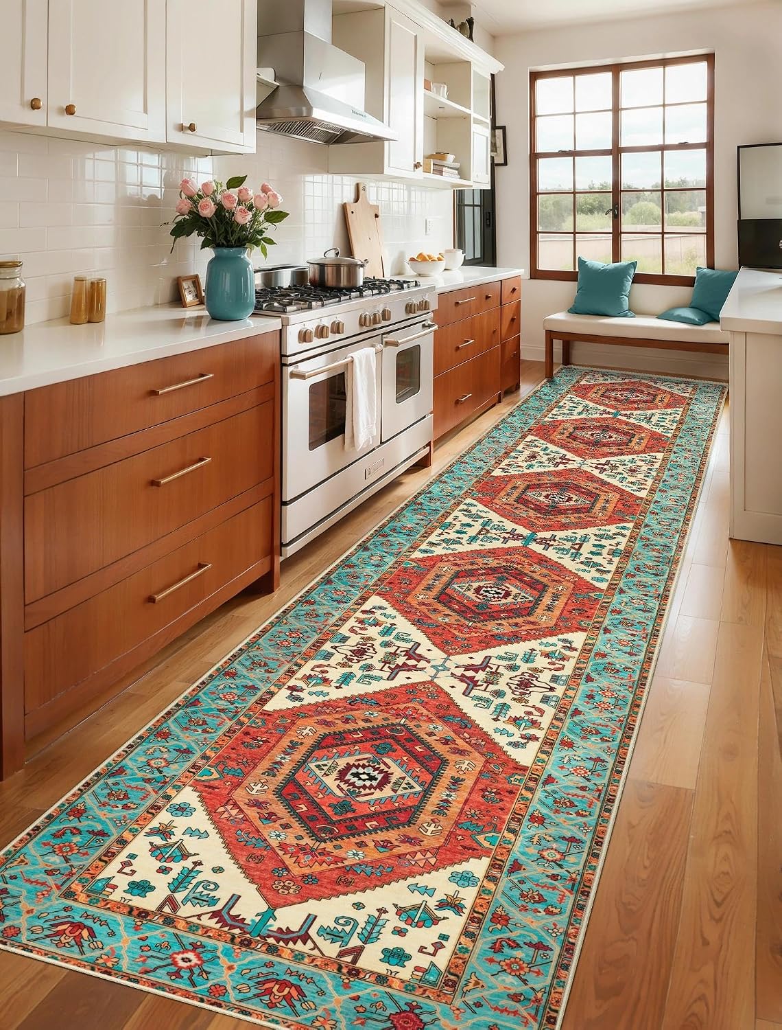 3x12 Orange Vintage Boho Washable Runner Rug - Non-Slip Hallway Carpet