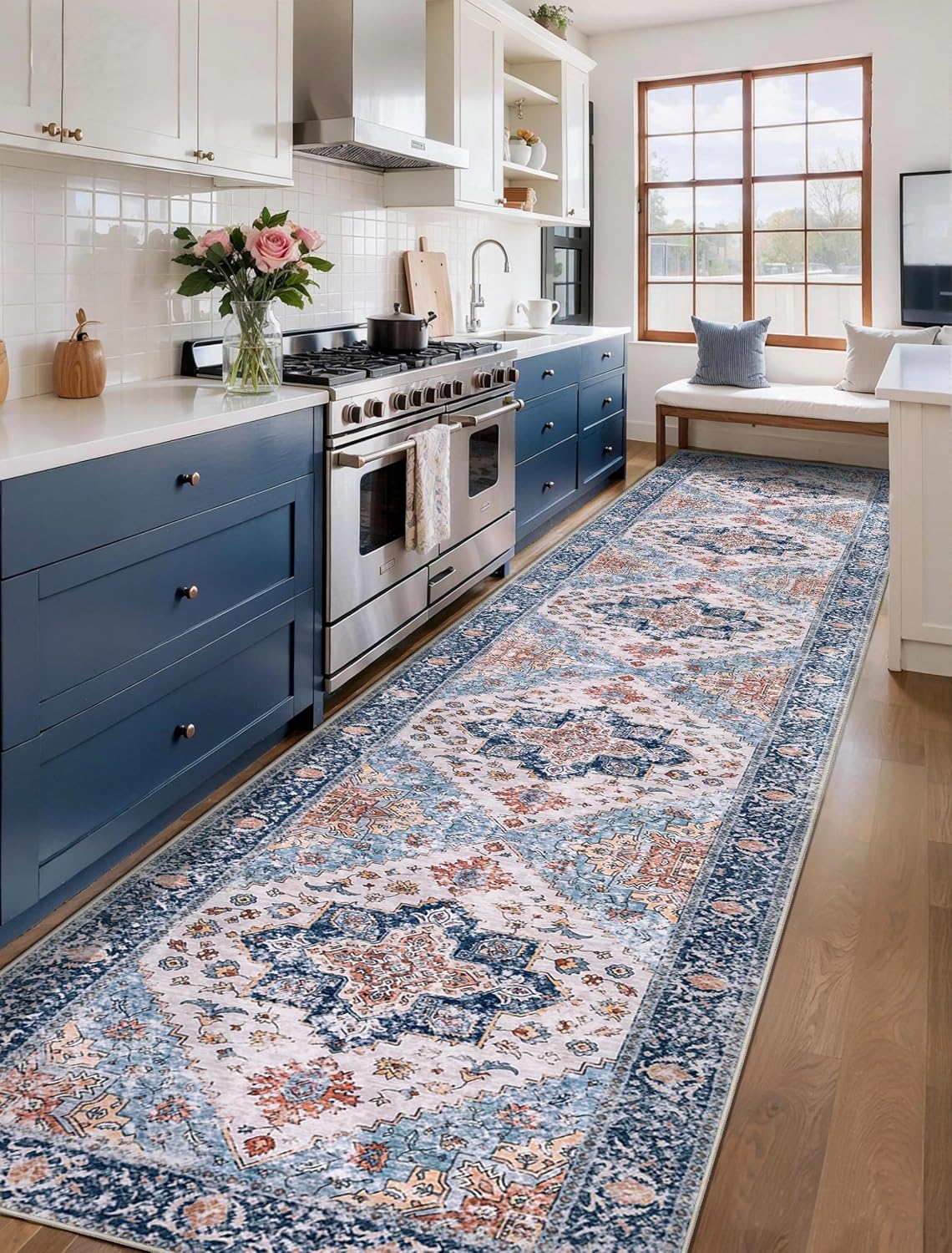 3x4 Blue and Orange Boho Washable Area Rug - Non-Slip Accent Carpet