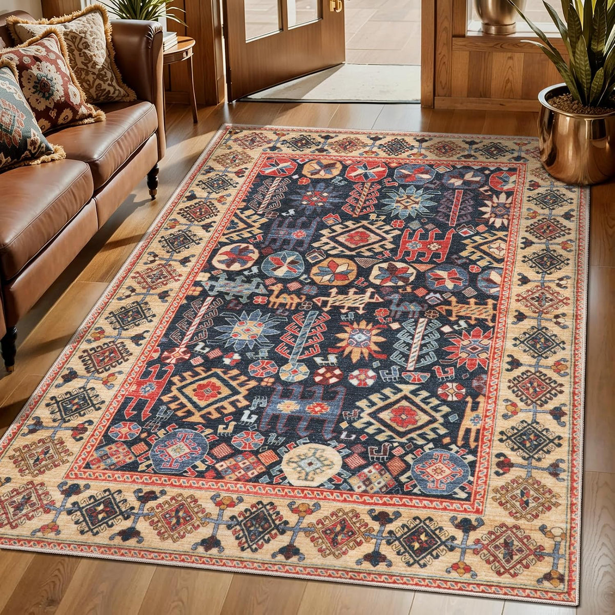 2x6 Blue and Beige Boho Vintage Washable Runner Rug - Non-Slip Hallway Carpet