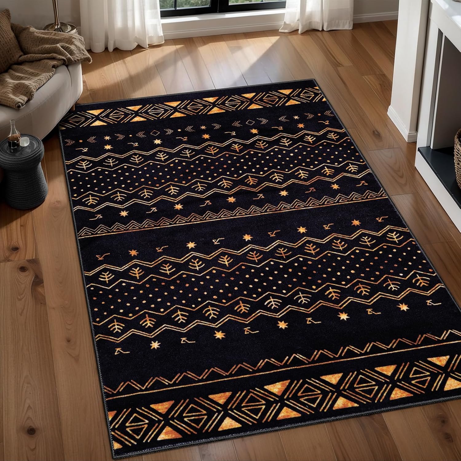 9x12 Washable Living Room Area Rug - Black and Gold Moroccan Carpet