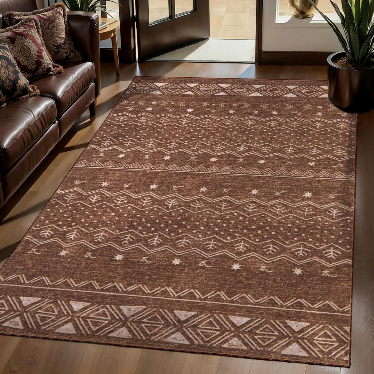 2x3 Coffee Brown Geometric Boho Washable Small Rug - Non-Slip Entryway Mat