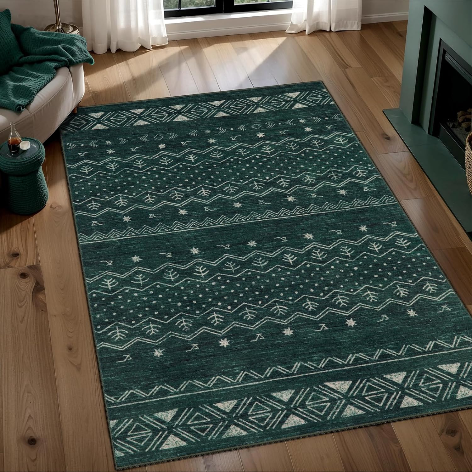 2'6"x8' Dark Green Washable Hallway Runner Rug - Moroccan Boho Long Carpet
