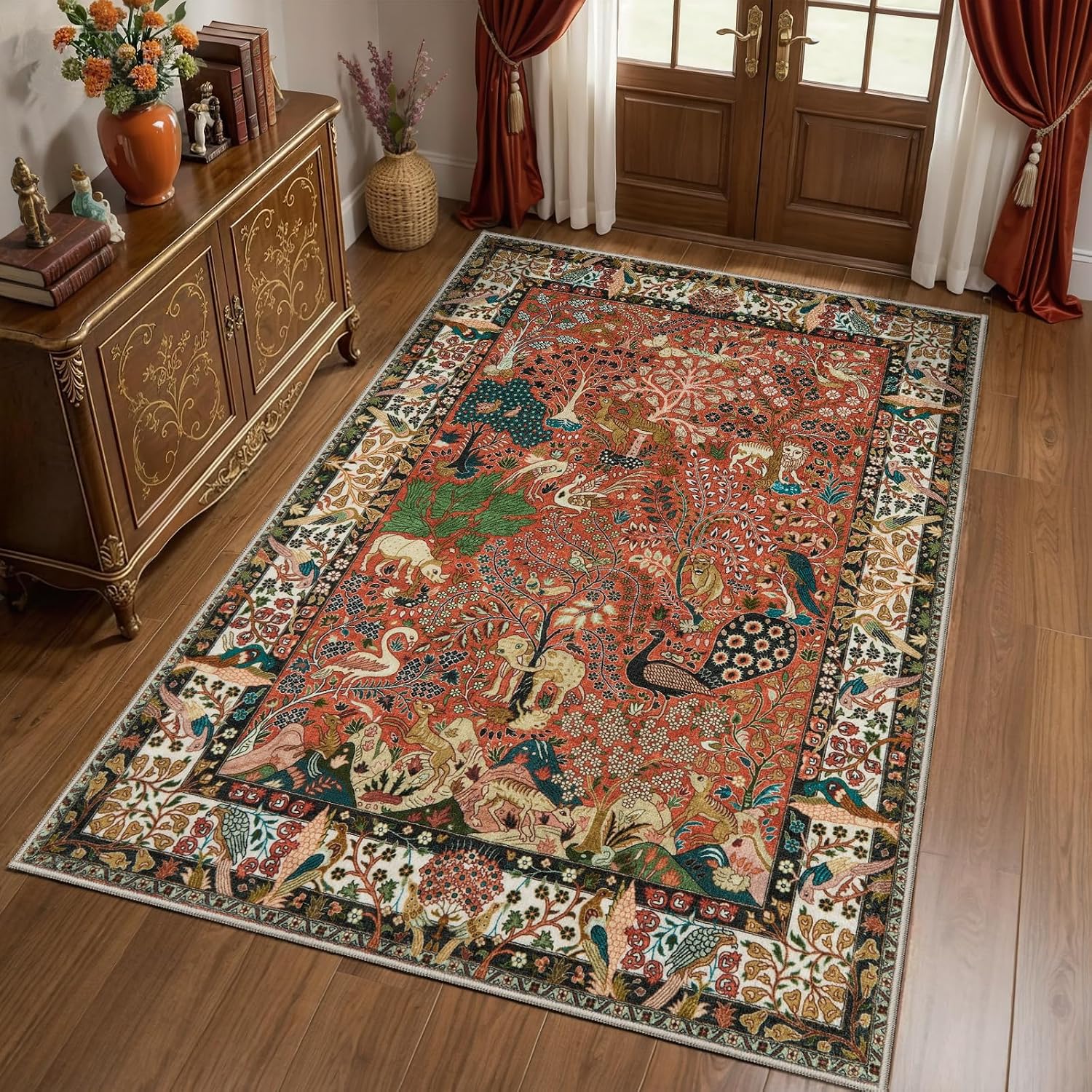5x7 Vintage Jungle Washable Area Rug - Non-Slip Low-Pile Carpet