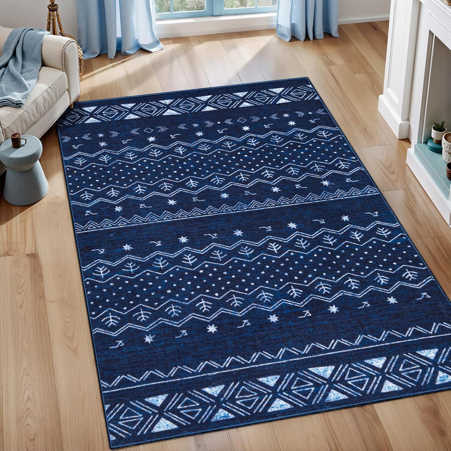 3x5 Blue and White Moroccan Washable Small Rug - Non-Slip Accent Carpet