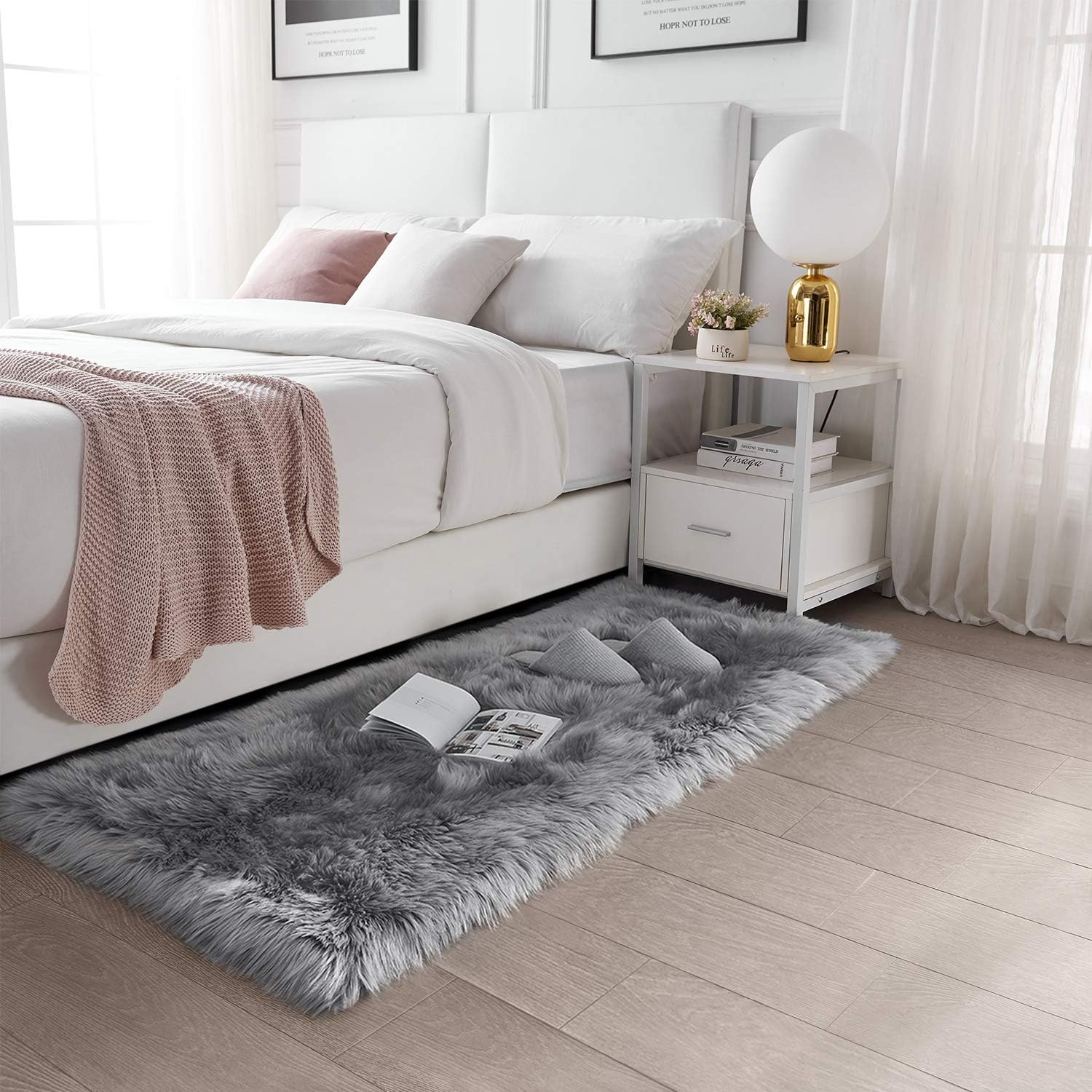 SERISSA Faux Sheepskin Shaggy Area Rug, 3'x5' Ultra-Soft Fluffy Floor Carpet for Bedroom, Living Room & Home Decor – Luxurious Grey Furry Accent Rug