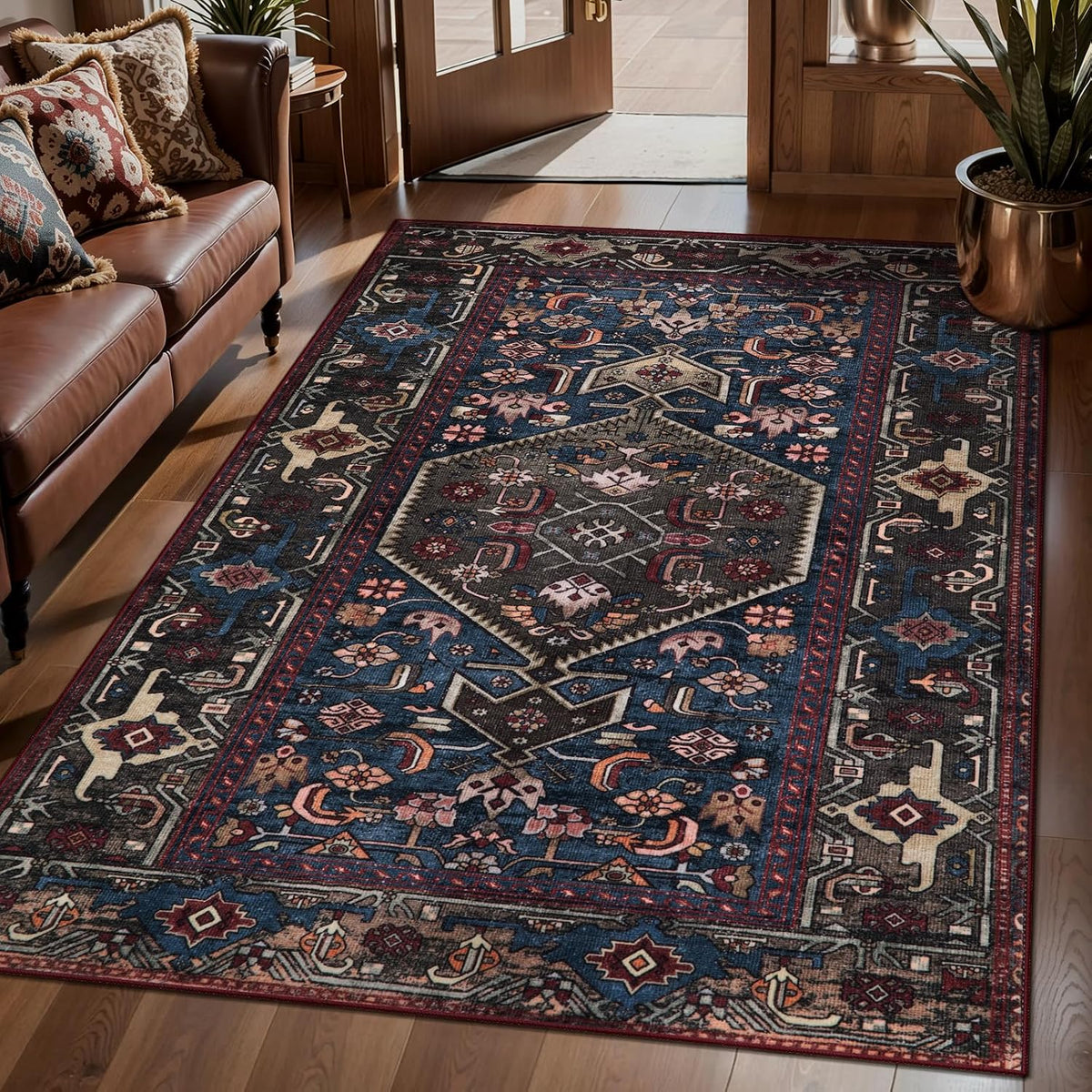 2x6 Blue and Red Vintage Boho Washable Runner Rug - Non-Slip Hallway Carpet