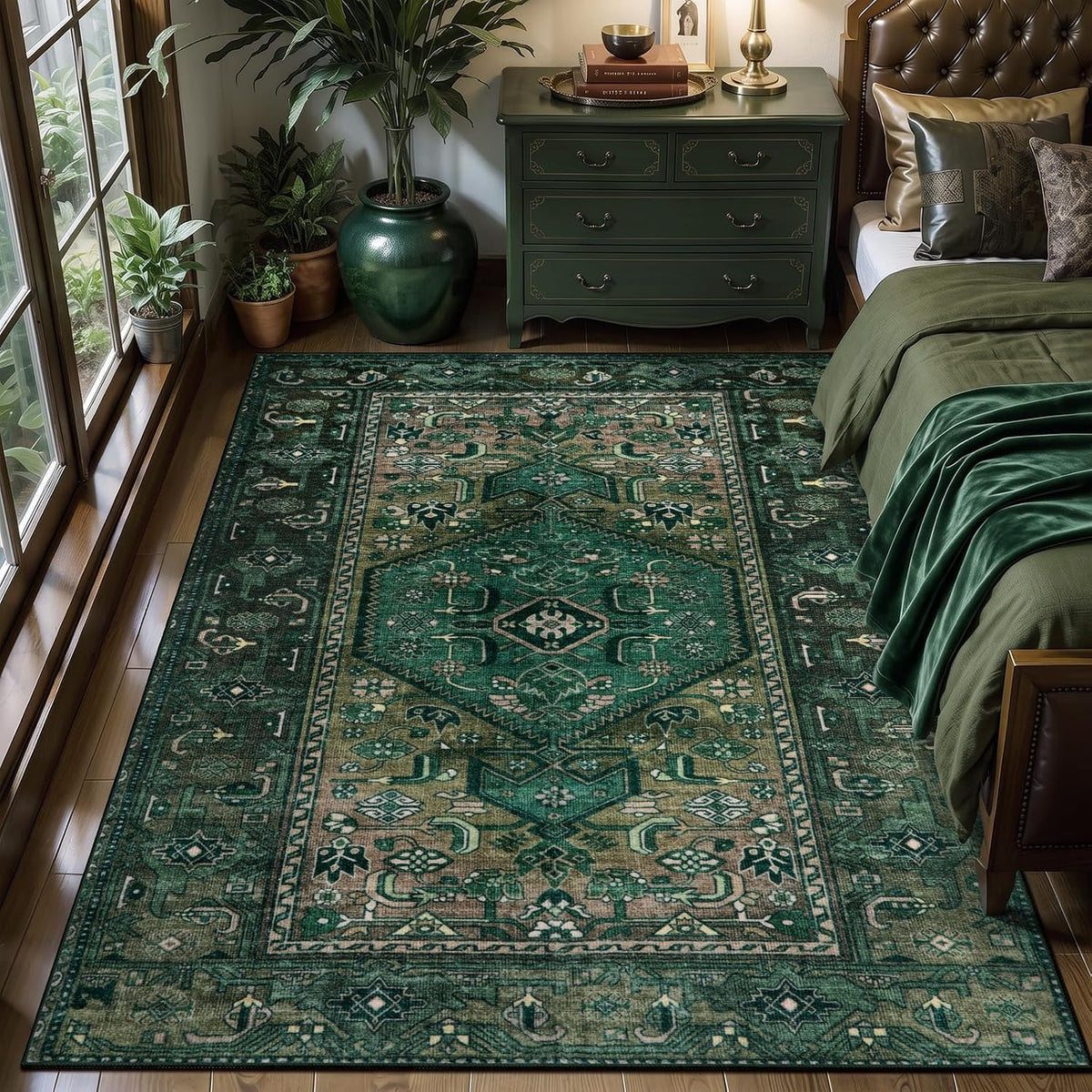 2x5 Dark Green Vintage Boho Washable Runner Rug - Non-Slip Hallway Carpet