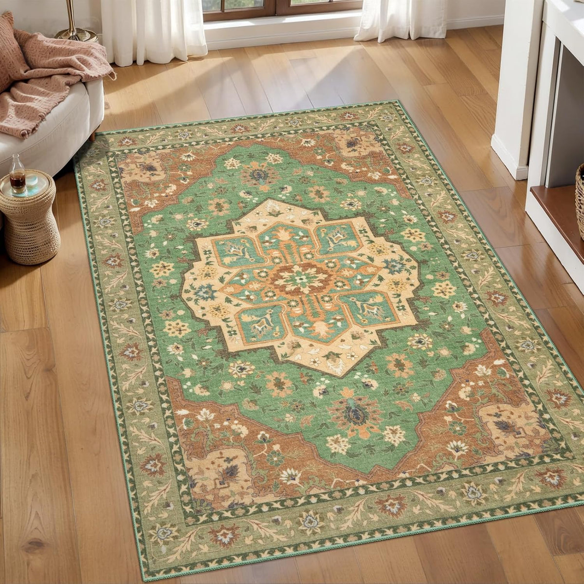 2'6"x8' Terracotta Green Vintage Washable Runner Rug - Non-Slip Hallway Carpet