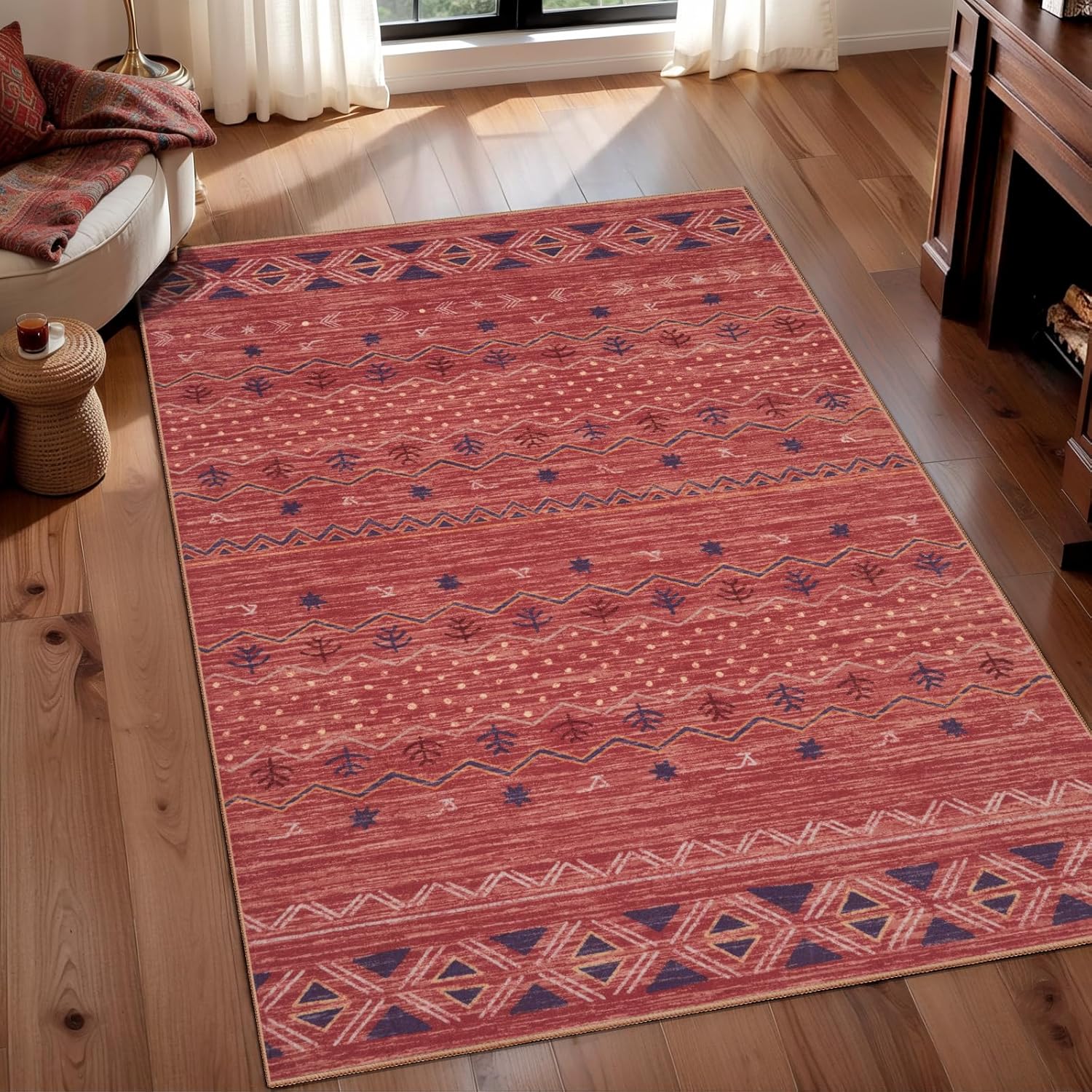 2x10 Red Ochre Washable Hallway Runner Rug - Moroccan Boho Long Carpet