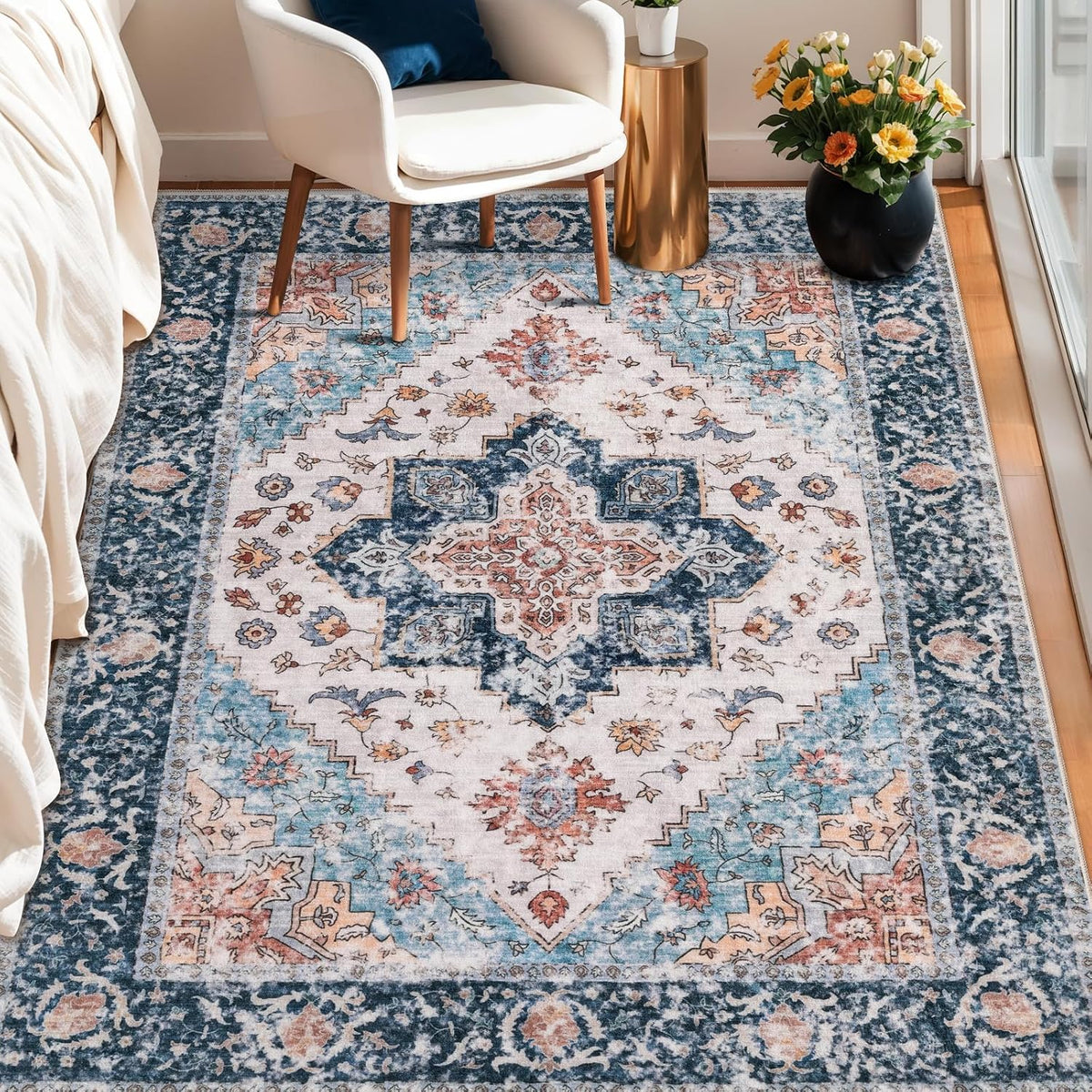 3x4 Blue and Orange Boho Washable Area Rug - Non-Slip Accent Carpet