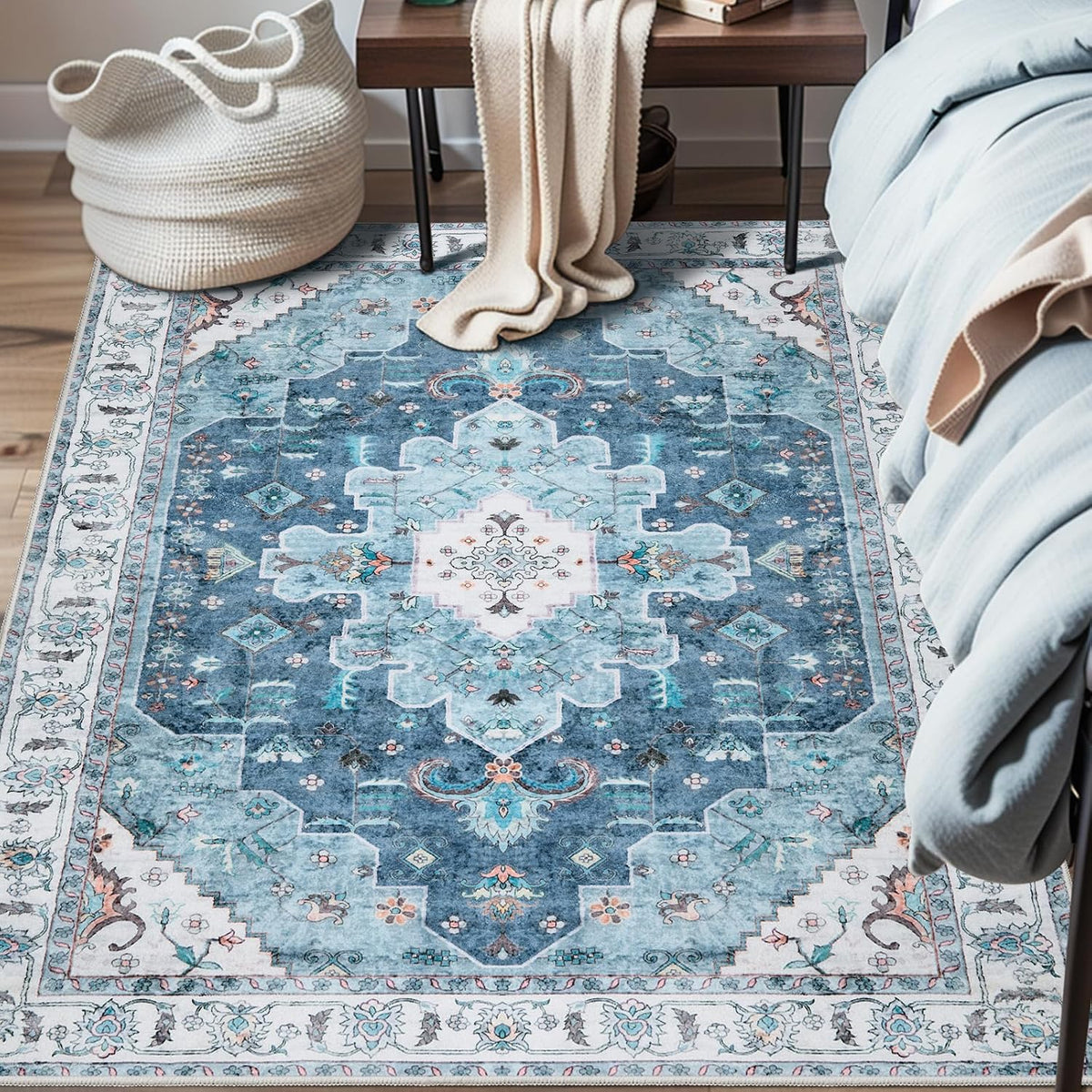 2x3 Blue Vintage Boho Washable Small Area Rug - Non-Slip Entryway Mat