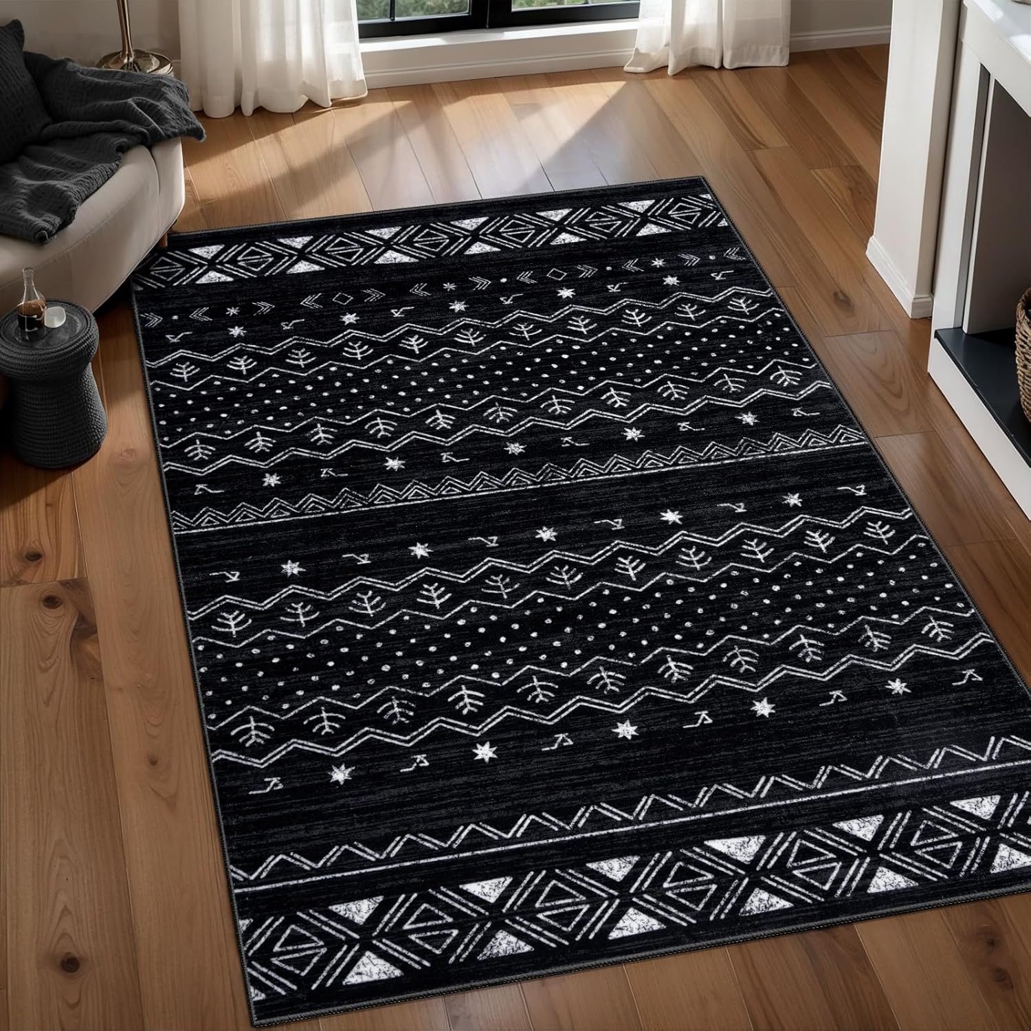 SERISSA Boho Geometric Washable Runner Rug, 2'x10' Non-Slip Long Hallway Carpet for Kitchen, Entryway, Laundry, Bedroom & Bathroom – Soft Low-Pile Black & White Runner