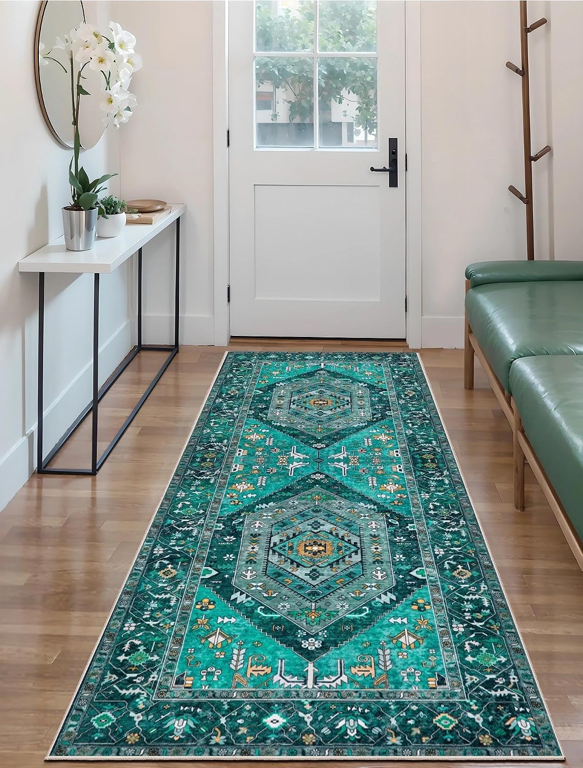 3x7 Teal Vintage Boho Washable Runner Rug - Non-Slip Hallway Carpet