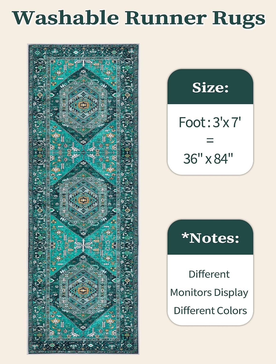 3x7 Teal Vintage Boho Washable Runner Rug - Non-Slip Hallway Carpet