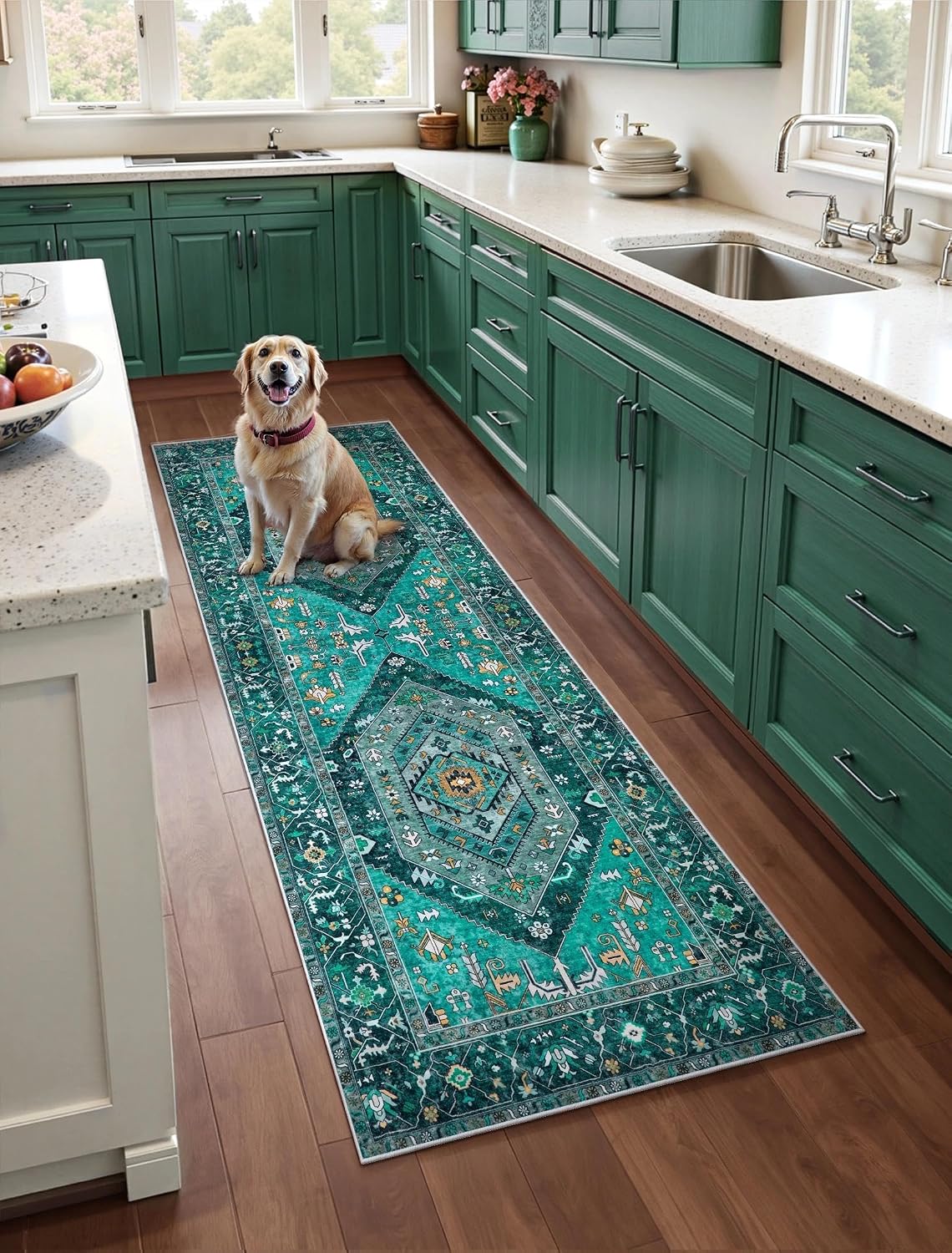 3x7 Teal Vintage Boho Washable Runner Rug - Non-Slip Hallway Carpet