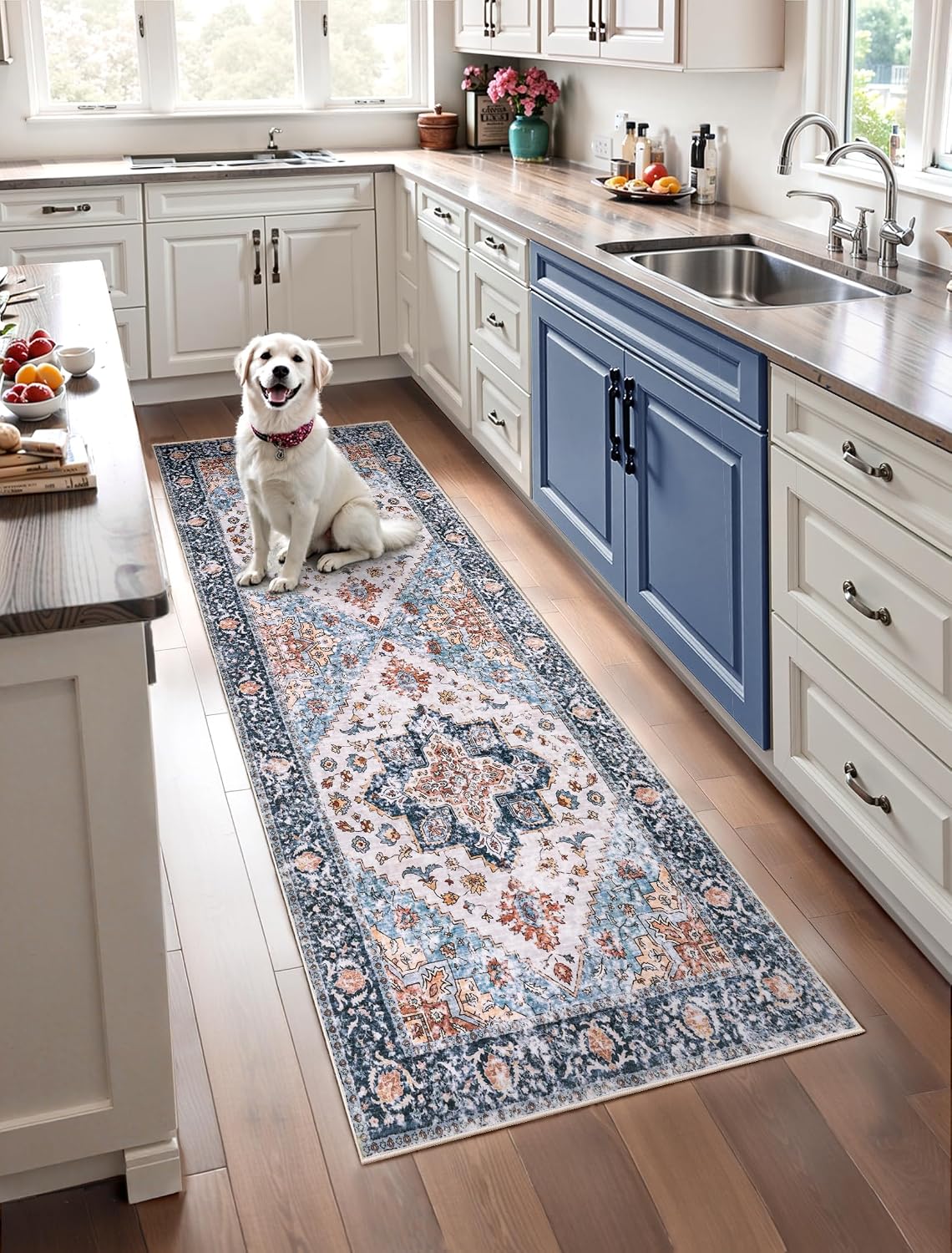3x4 Blue and Orange Boho Washable Area Rug - Non-Slip Accent Carpet