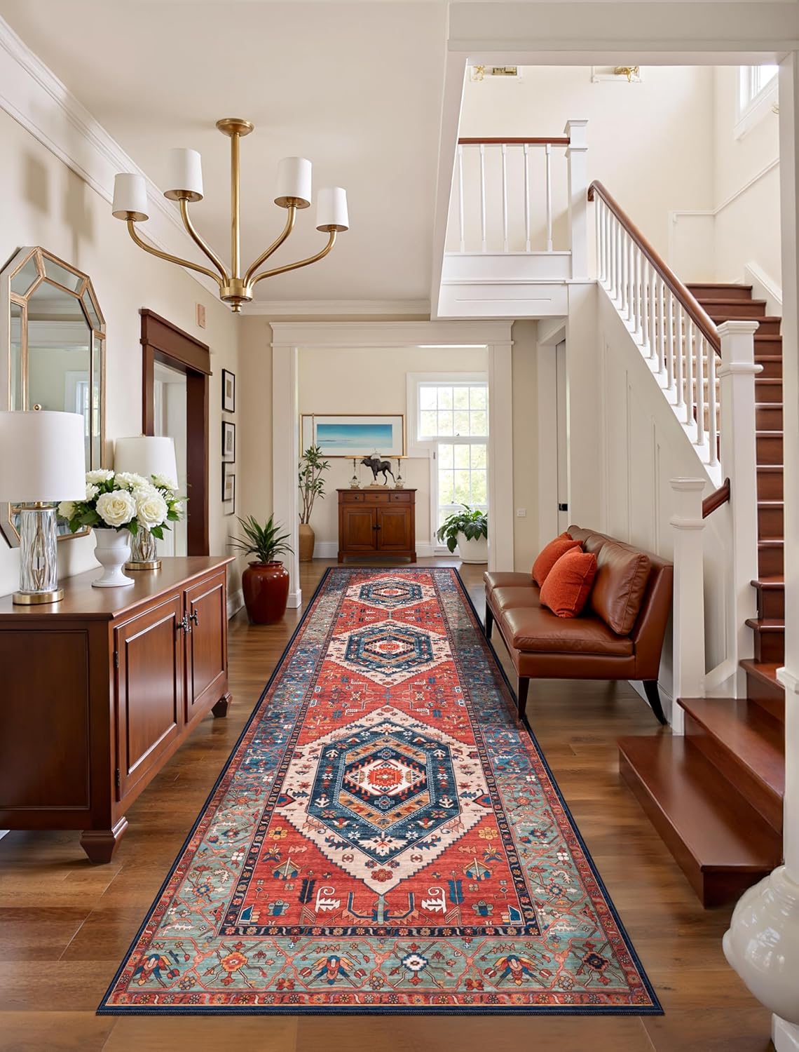 SERISSA Vintage Boho Washable Runner Rug, 3'x12' Extra Long Non-Slip Floor Carpet for Hallway, Kitchen, Entryway, Bathroom & Laundry Room – Ultra Soft Distressed Rust Print