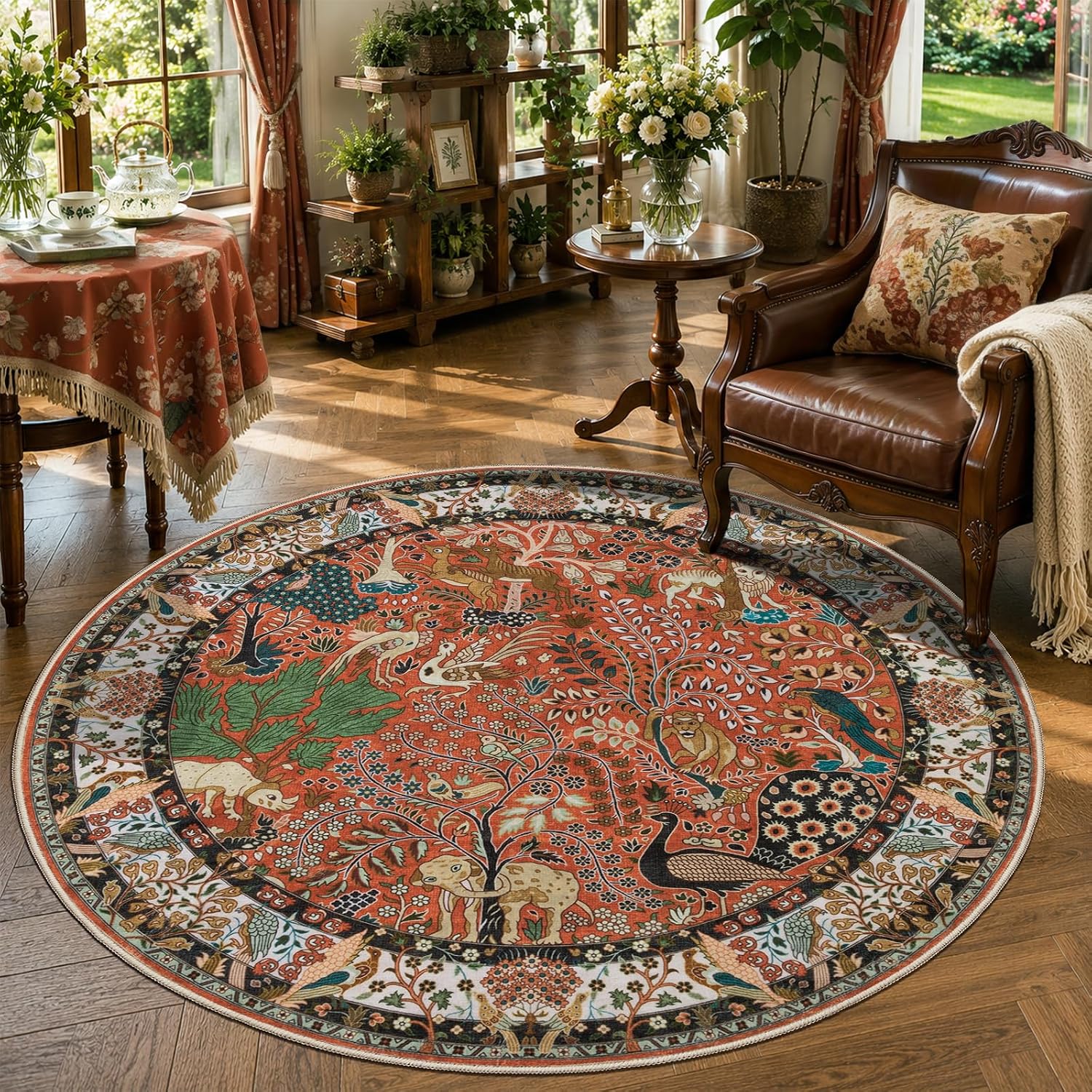 4ft Small Round Boho Area Rug - Soft Washable Animal Print Carpet