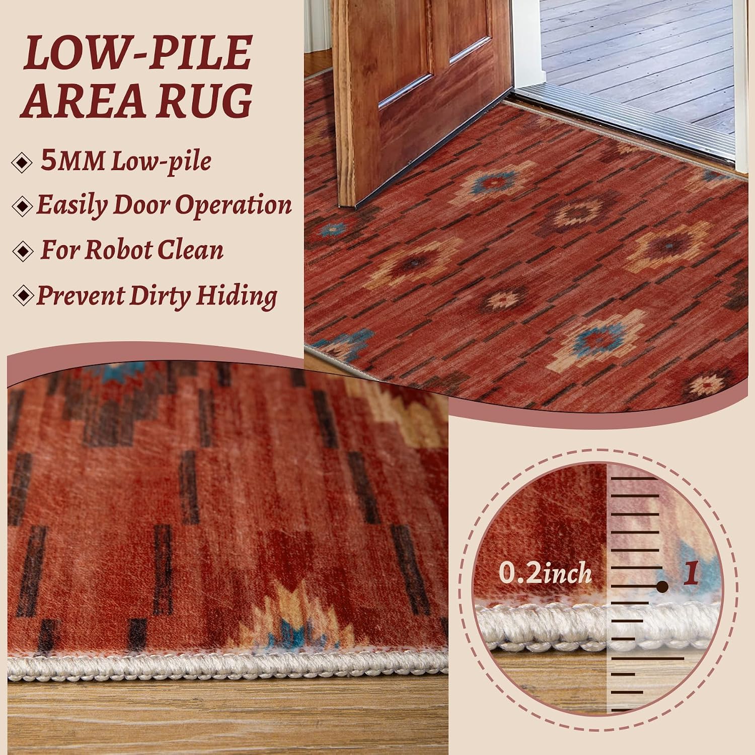 2x3 Terracotta Boho Western Washable Small Rug - Non-Slip Door Mat